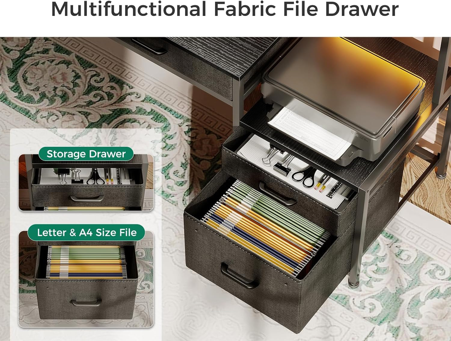 48-Inch Black Gaming Desk With LED Lights And Power Outlets