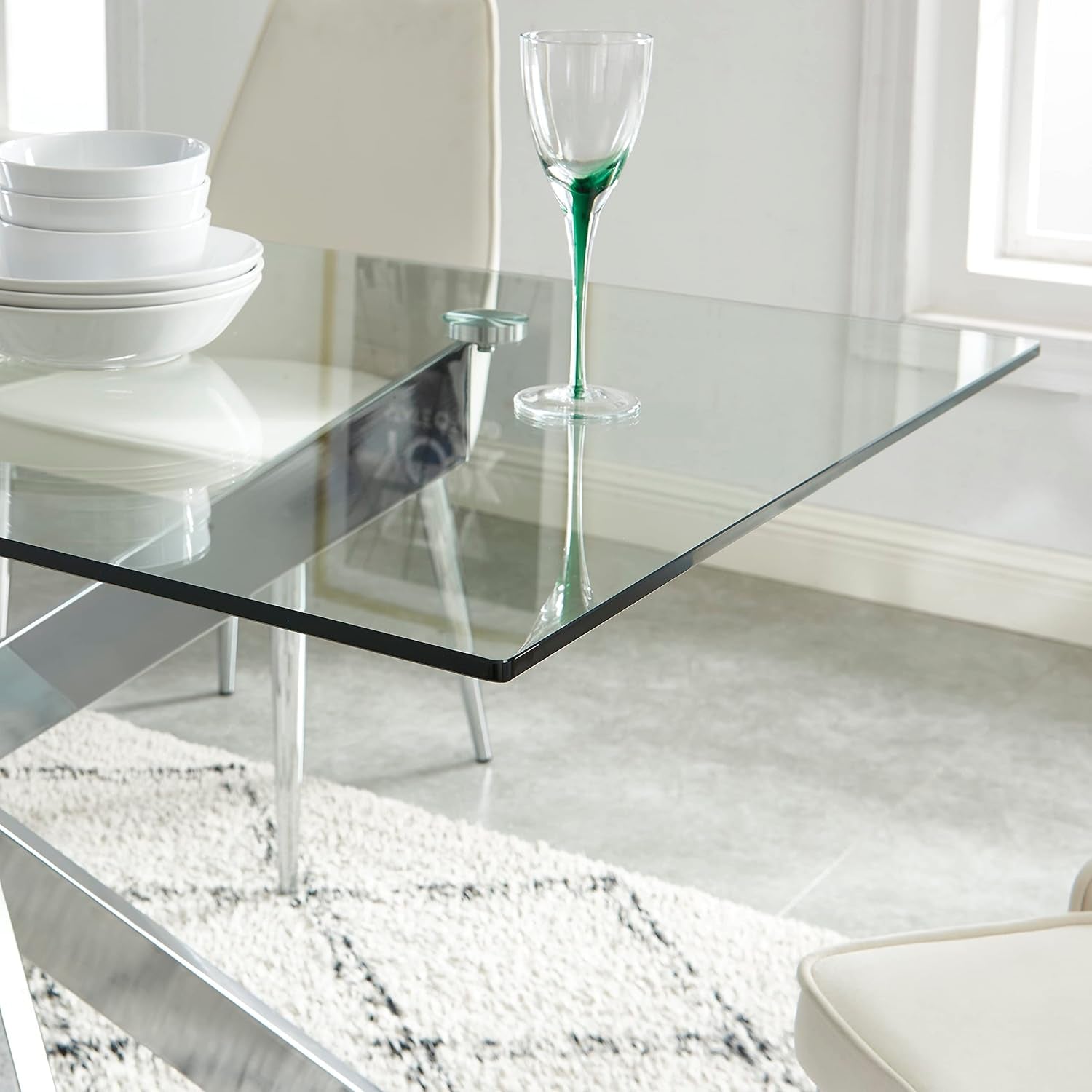 58.5 Inch Rectangular Glass Dining Table With Silver Finish