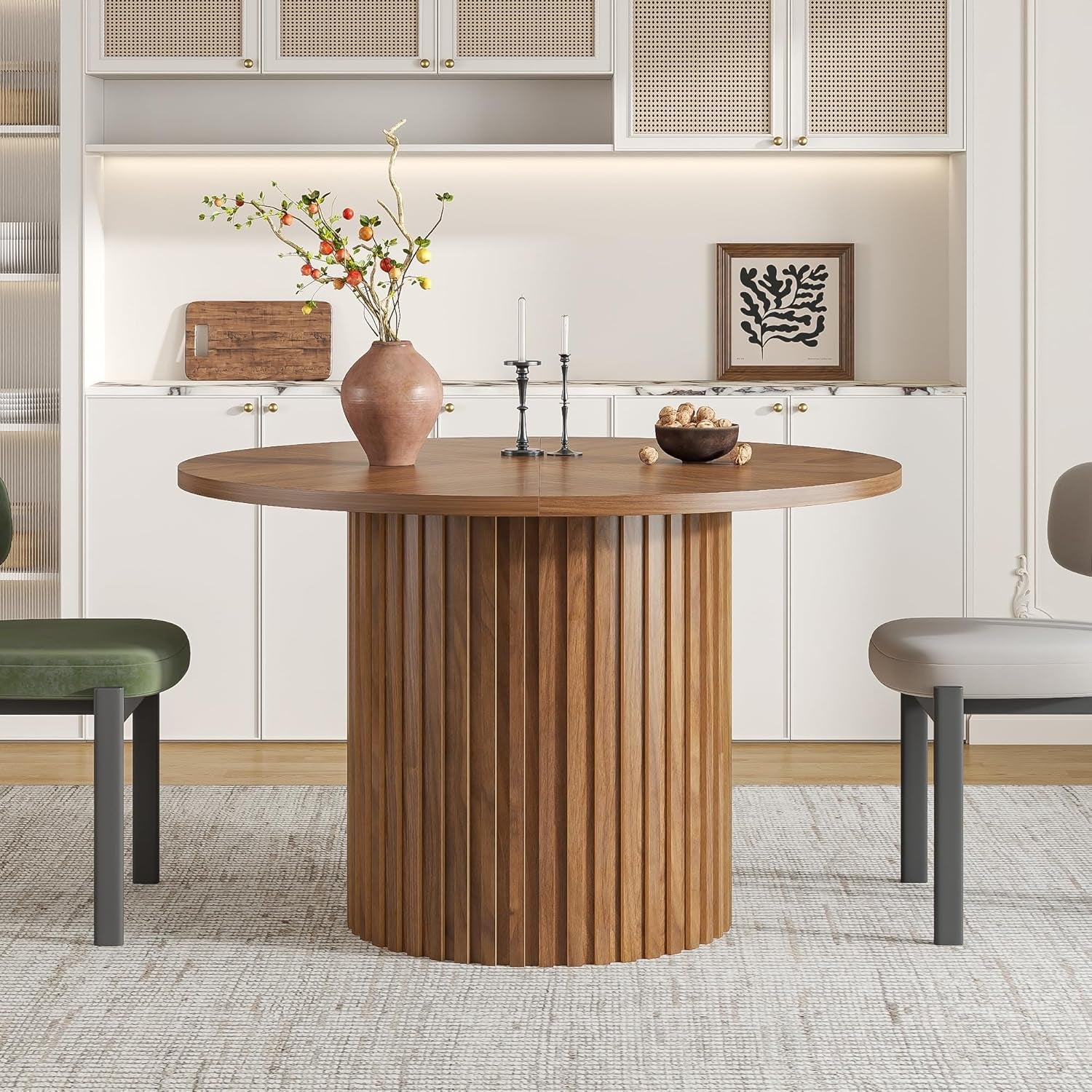 Round Walnut Dining Table 47 Inch With Wood Strip Base