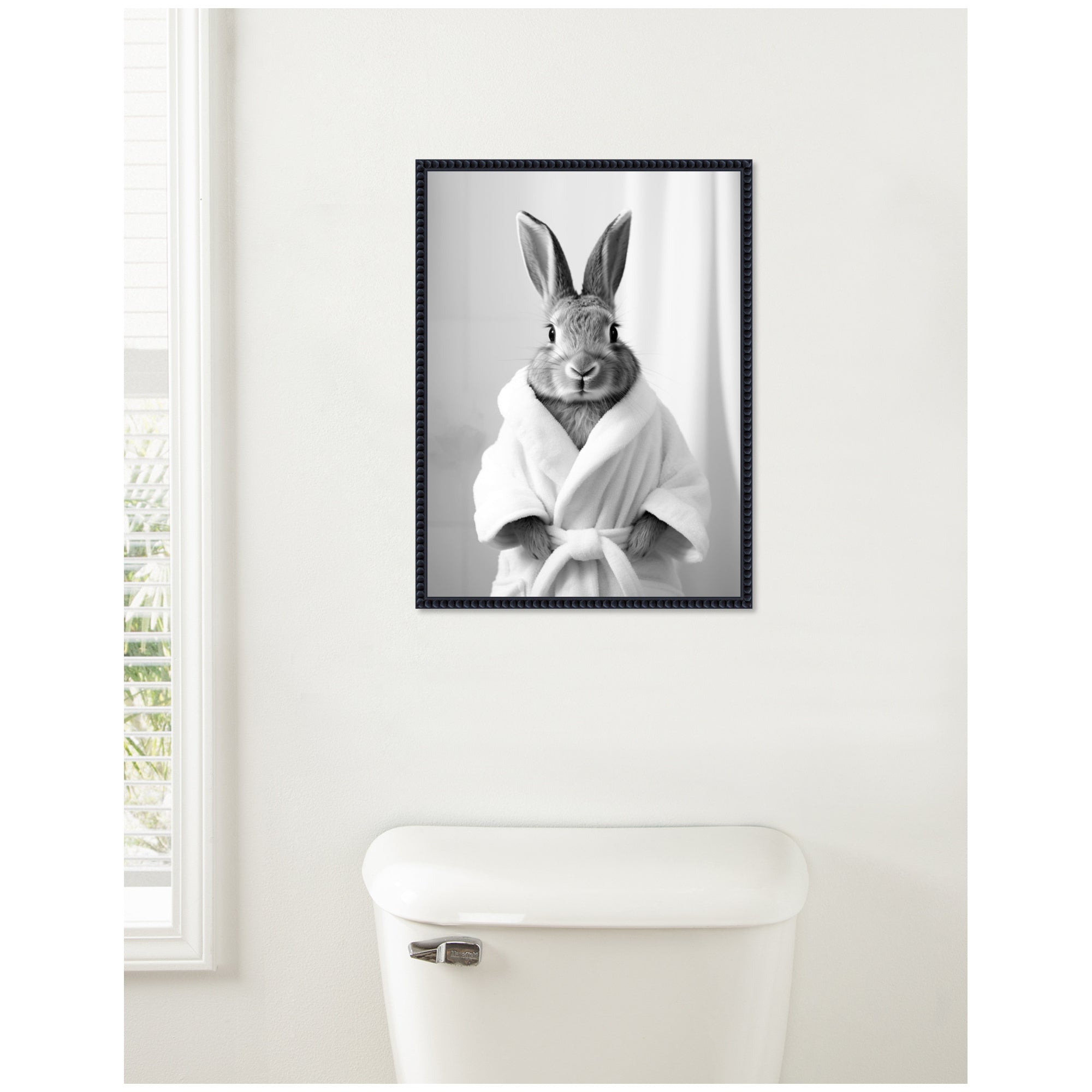 Sylvie Bunny Bathroom Art Towel Robe Black and White Framed Canvas by The Creative Bunch Studio