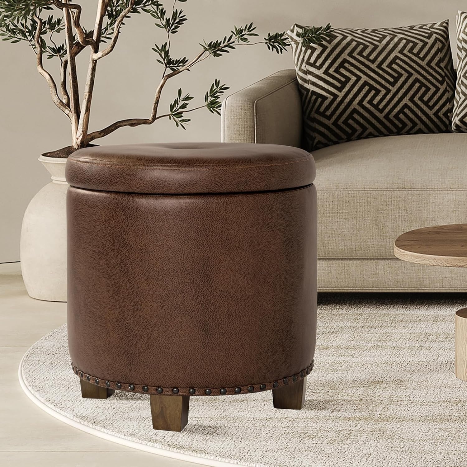 Round Storage Ottoman With Nailhead-Trim Brown Faux Leather