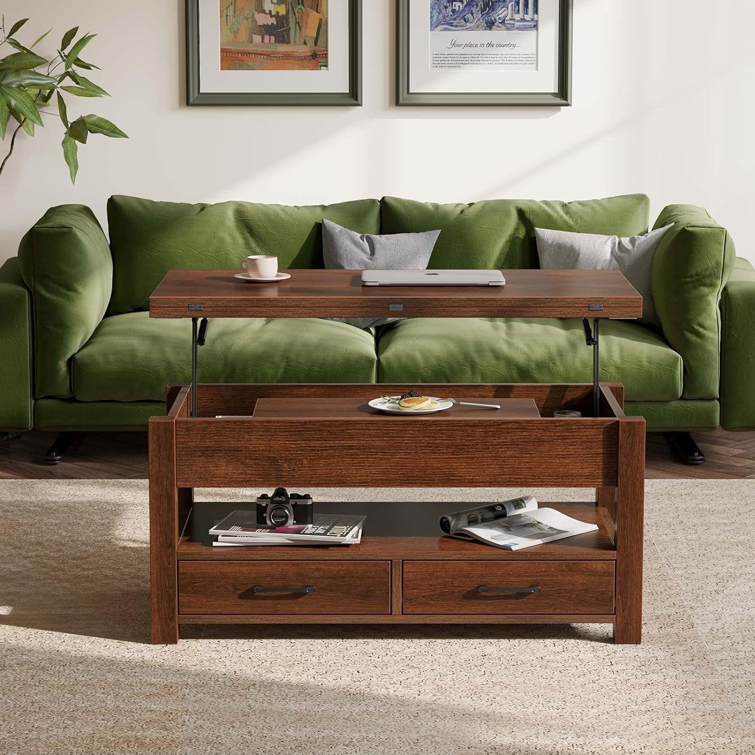 Espresso Lift Top Coffee Table With Drawers And Hidden Compartment