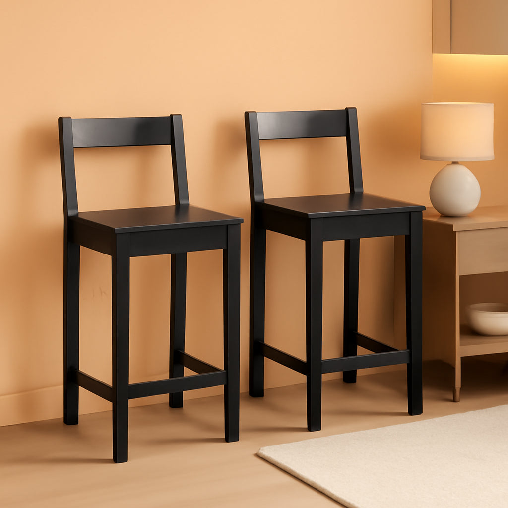 Black Wooden Bar Stools With Backrests Counter Height Set Of 2