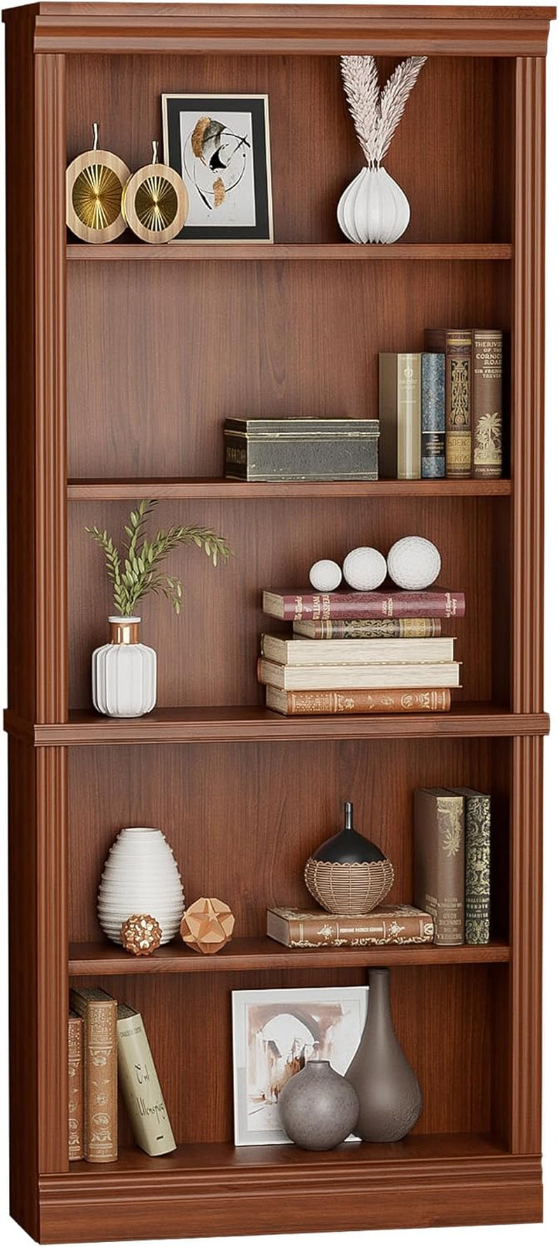 Five Shelf Tall Bookcase 72 Inch Cherry Wood Open Display