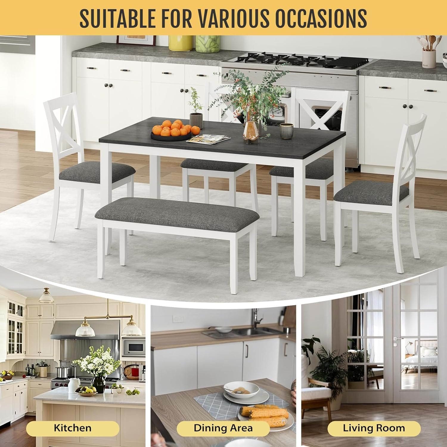 White Slate Grey Solid Wood Contemporary Dining Table Six Seater