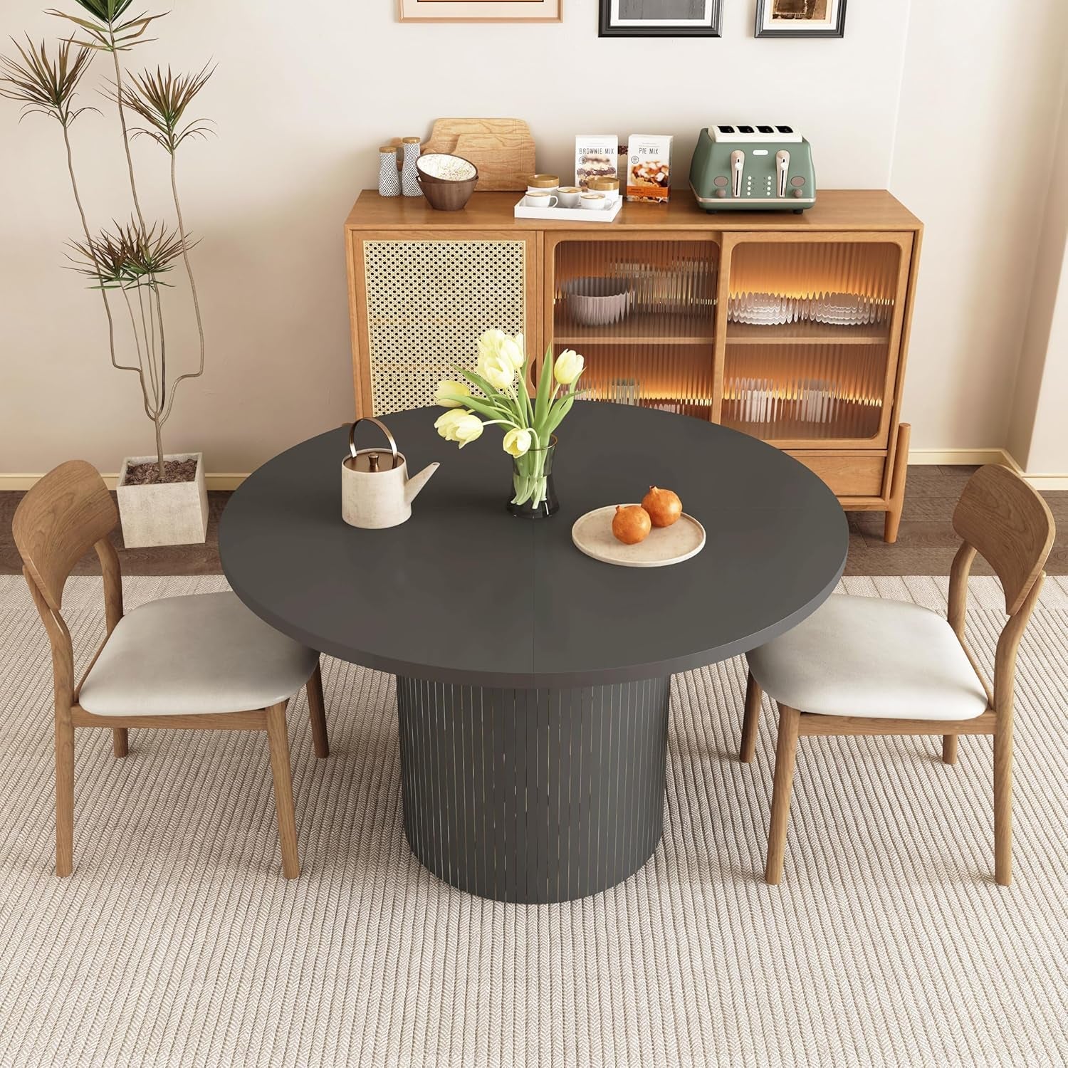 Round Dining Table For 4 47 Inch Black Wood Strip Base Kitchen Table