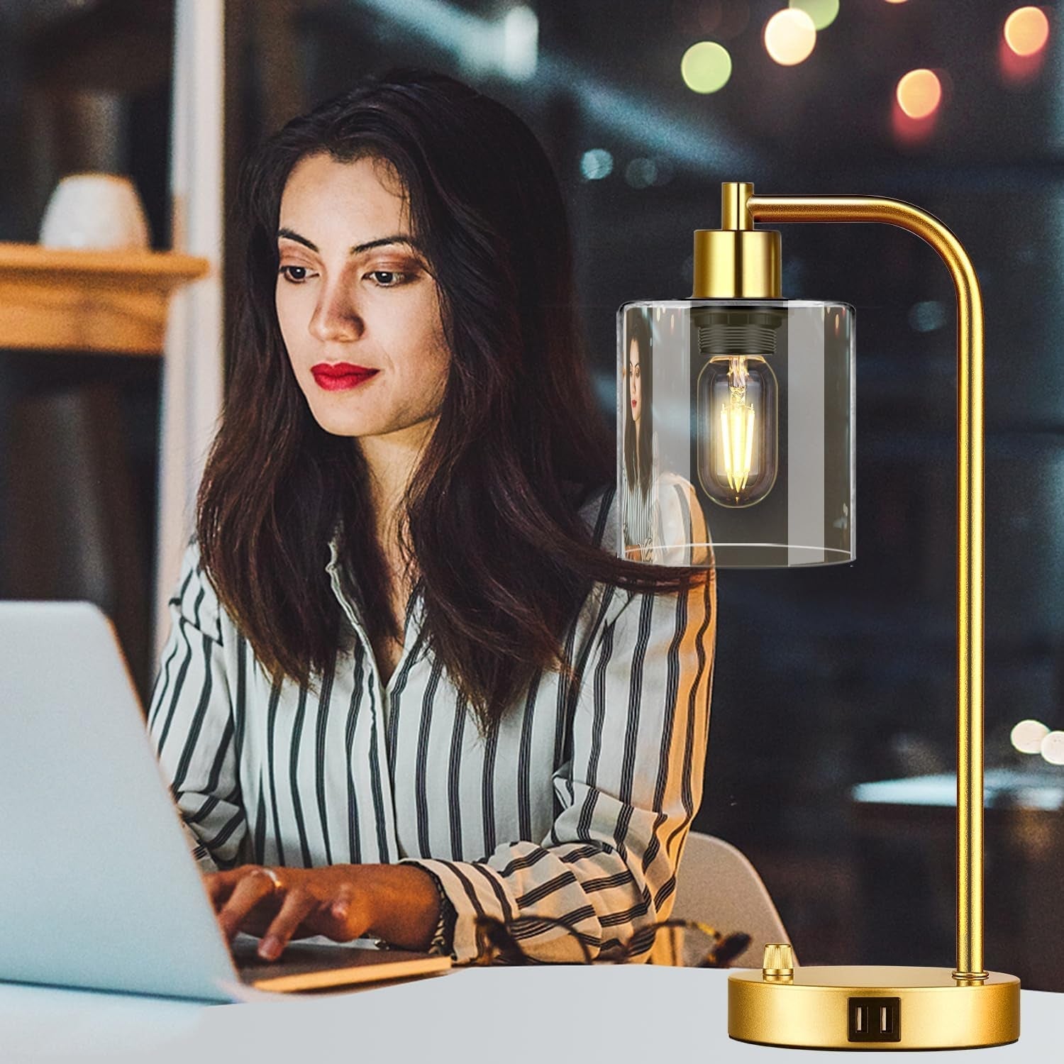 Set Of 2 Gold Table Lamps With 2 USB Ports Dimmable