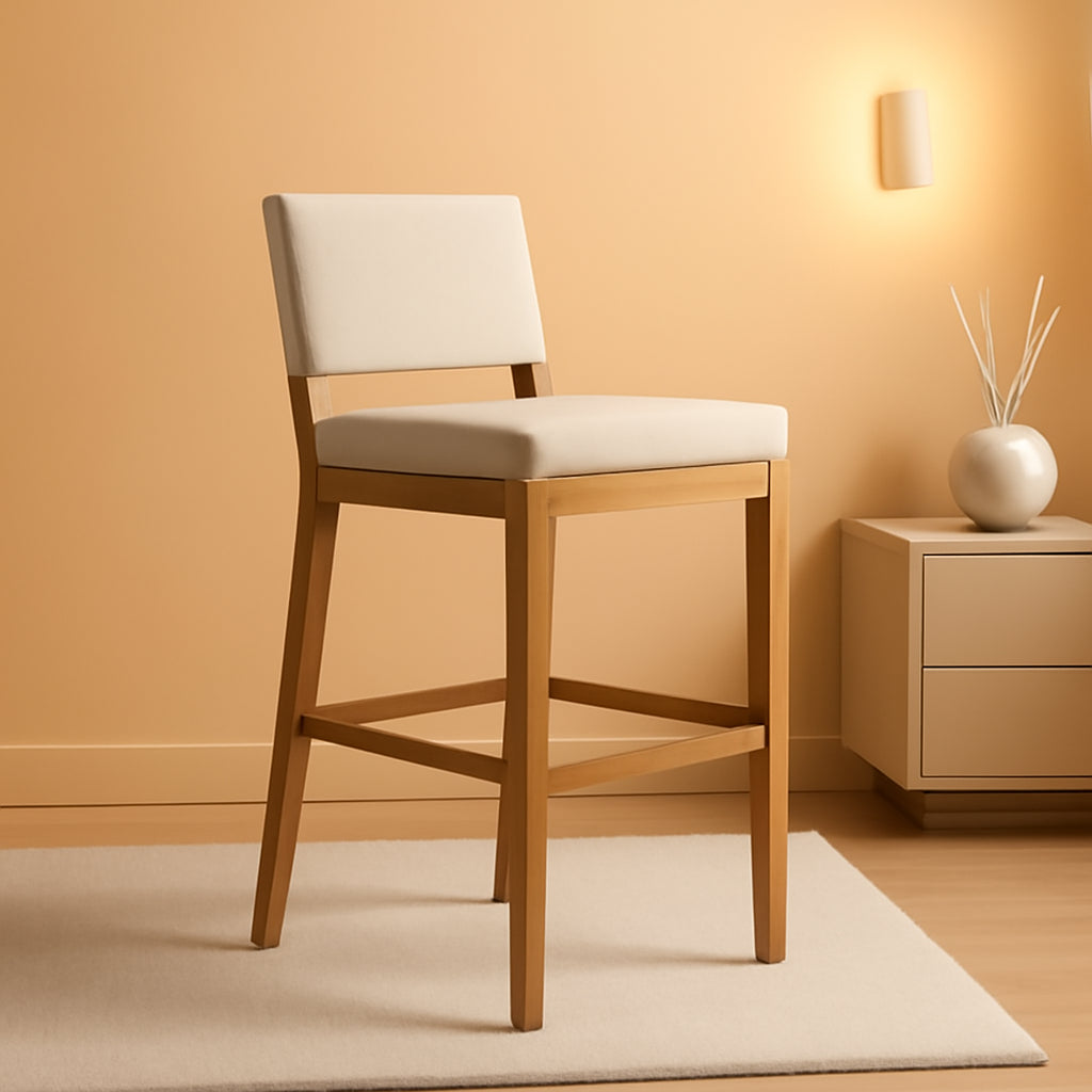 Bar Stool With Back Upholstered In Natural Flax Fabric