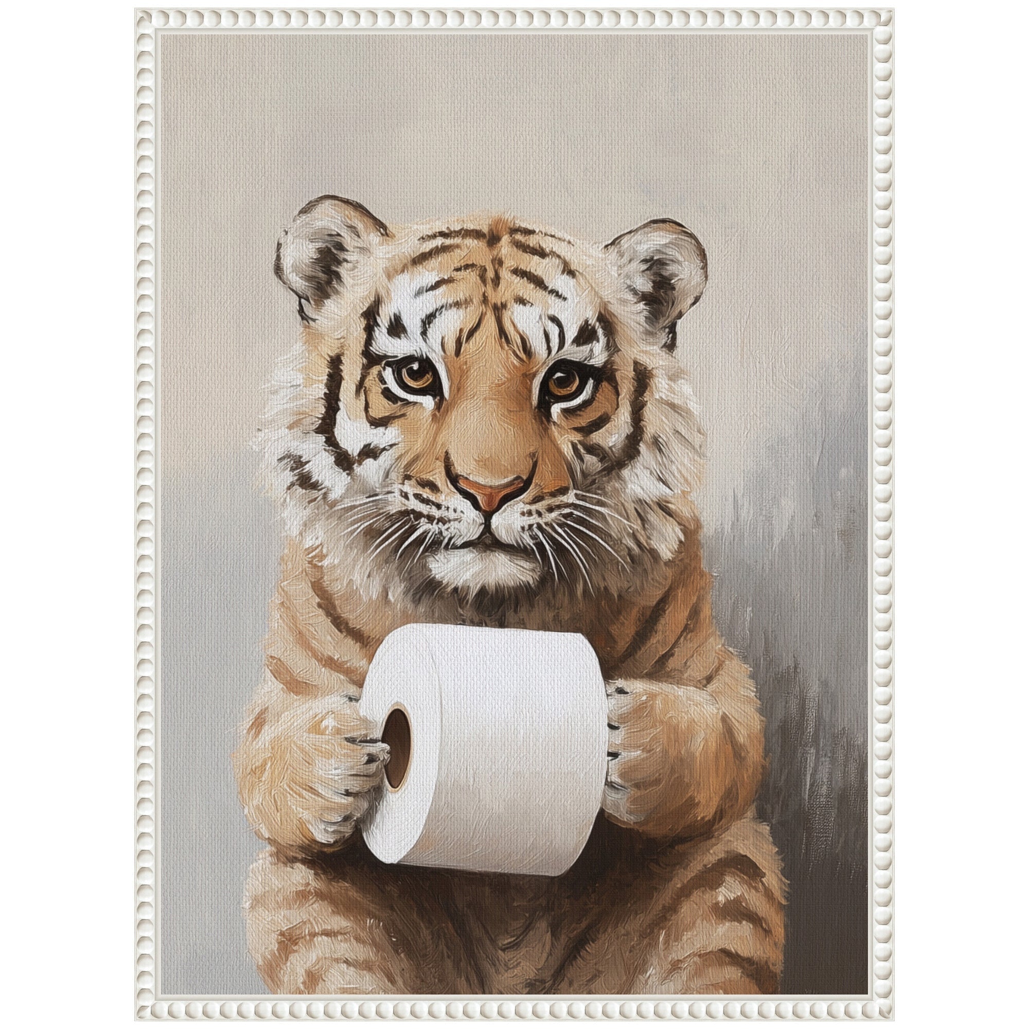 Sylvie Tiger Cub Holding Toilet Paper Roll Bathroom Art Framed Canvas by The Creative Bunch Studio