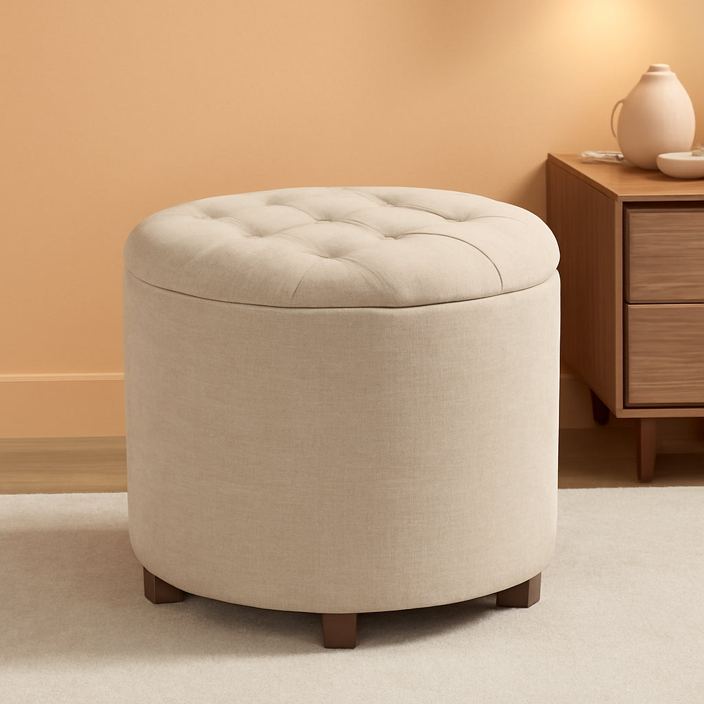Linen Beige Round Storage Ottoman Living Space Bundle