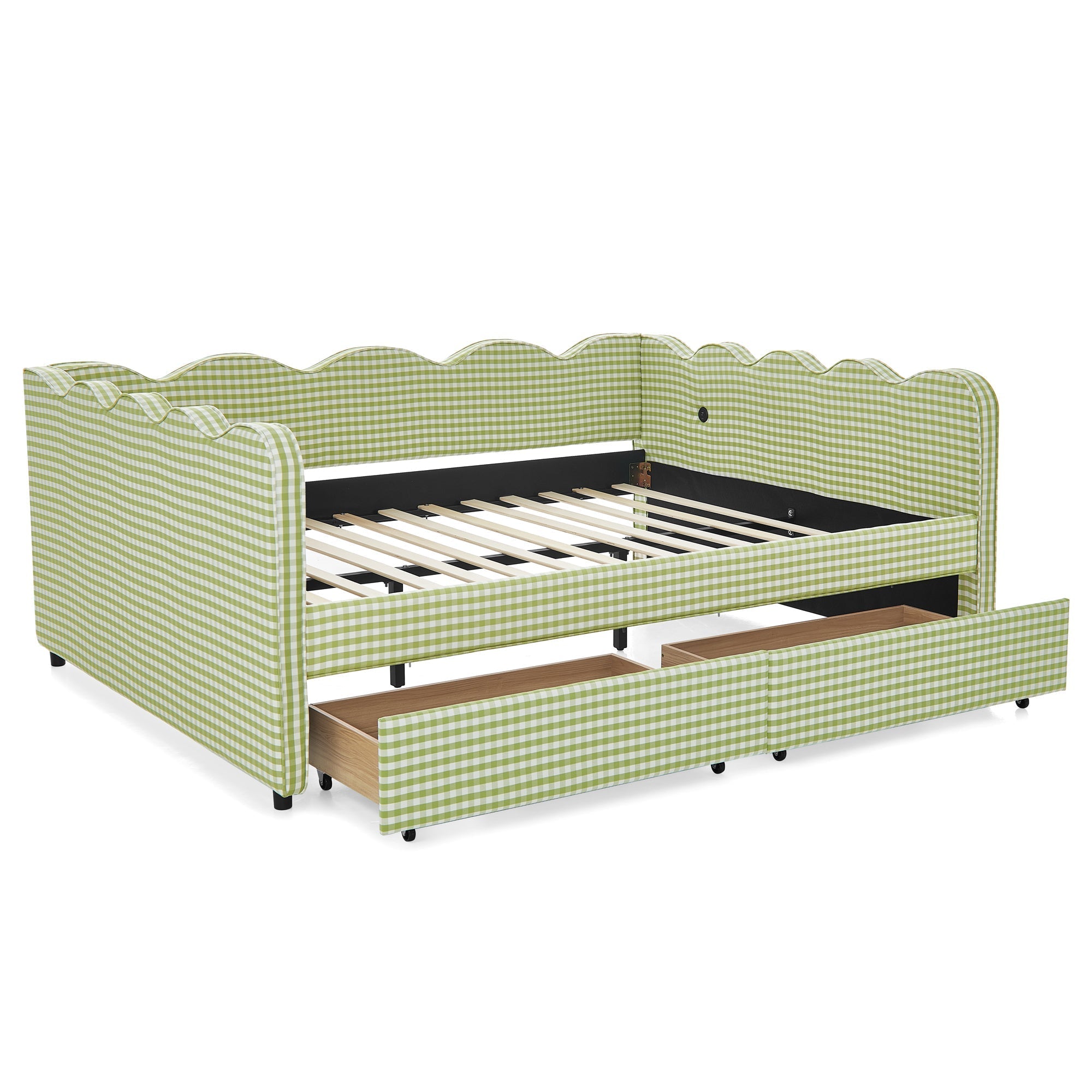 Queen Size Cozy Gingham Daybed with Two Storage Drawers and USB Port