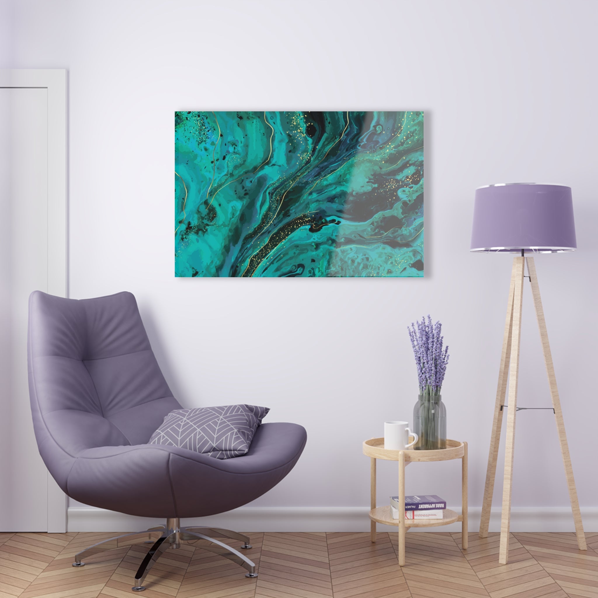 Tempered glass wall art, living room, emerald pattern