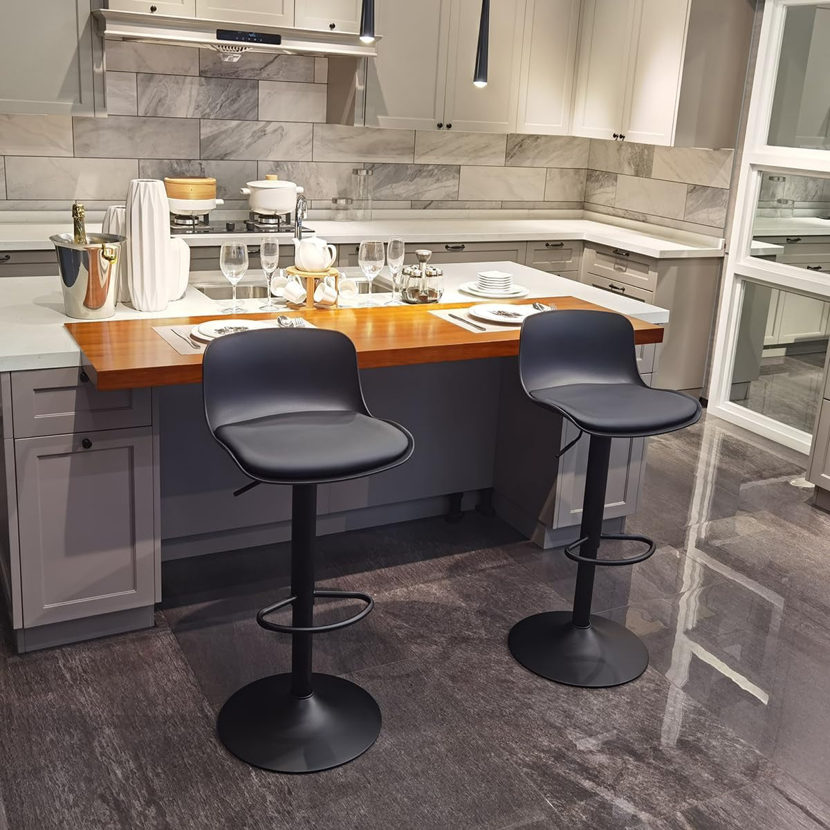 Adjustable Black Bar Stools Set of Two Modern