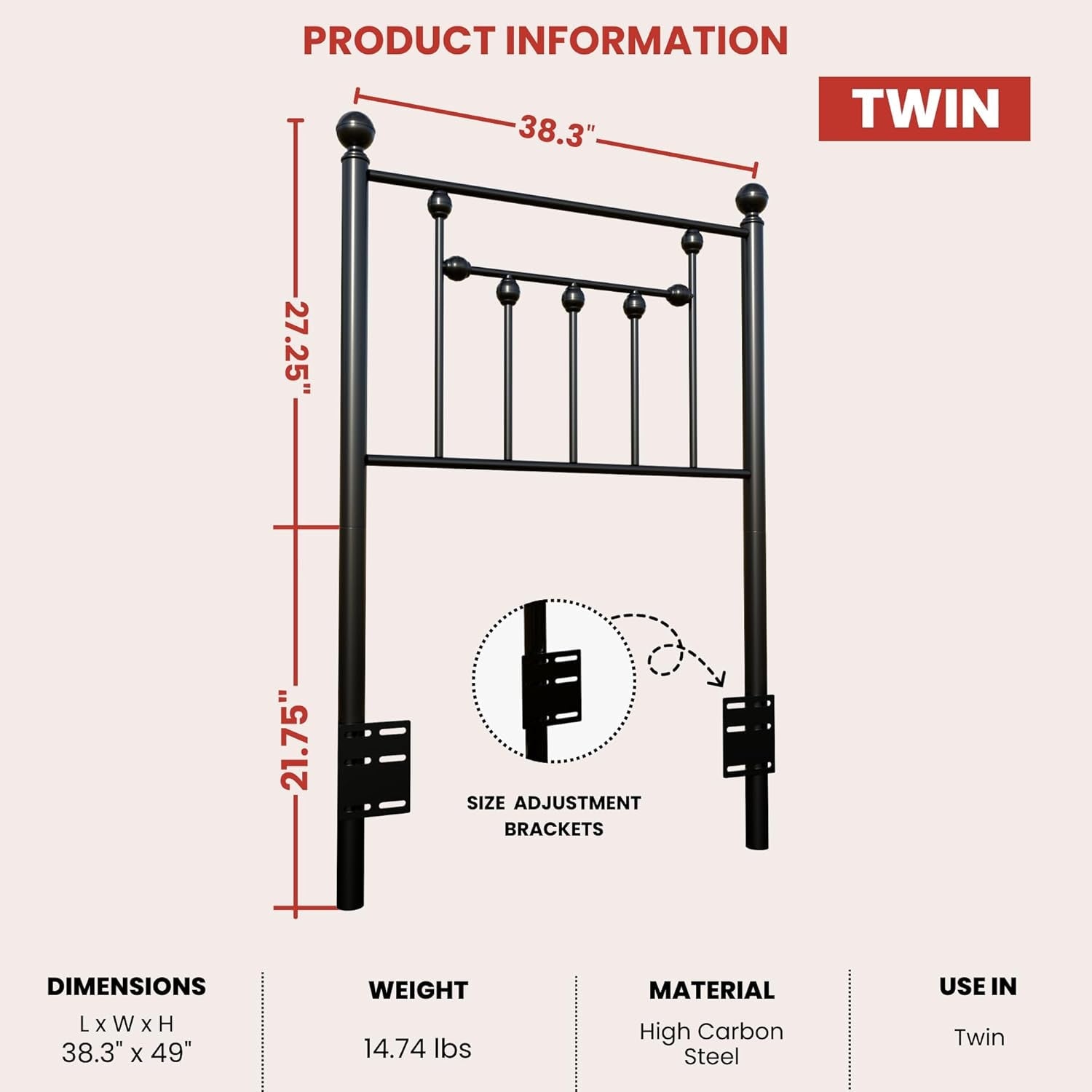 Victorian Twin Size Metal Bed Frame with Adjustable Headboard