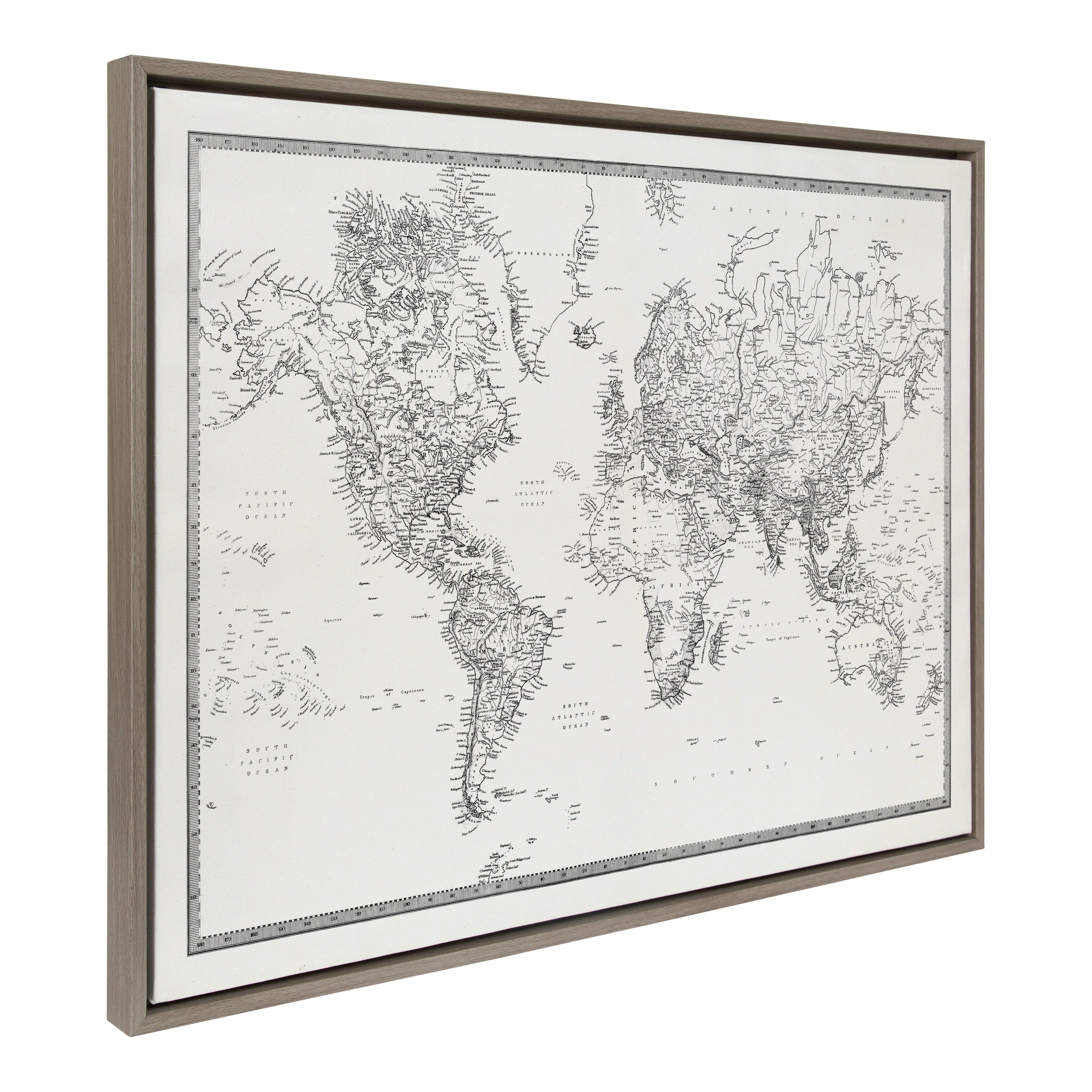 Sylvie Vintage Black and White World Map Framed Canvas by The Creative Bunch Studio