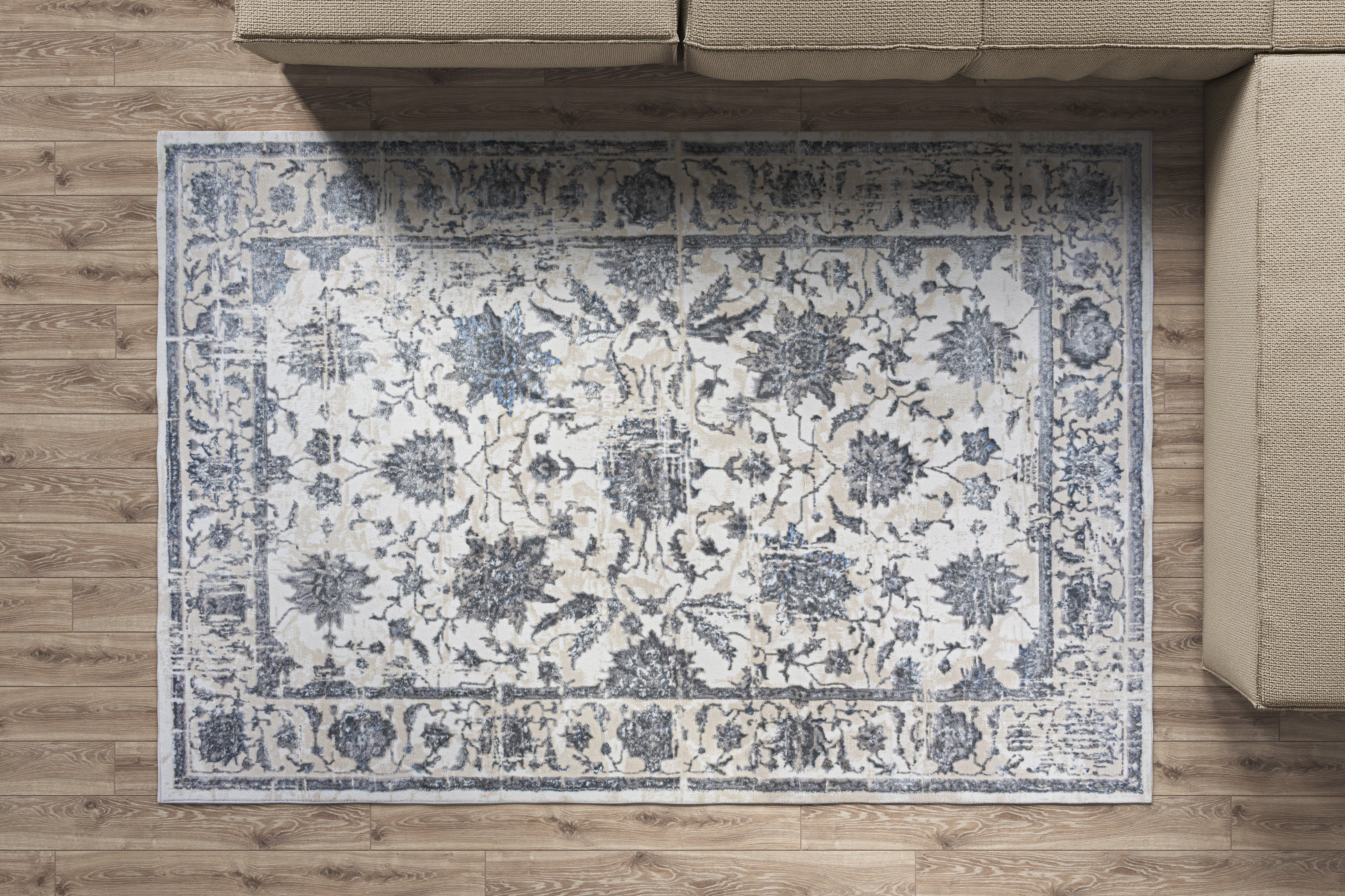 ROY's Home High&Low Area Rugs, Big Flower Vintage Lines Effect, Shiny Dark and Silver Effect