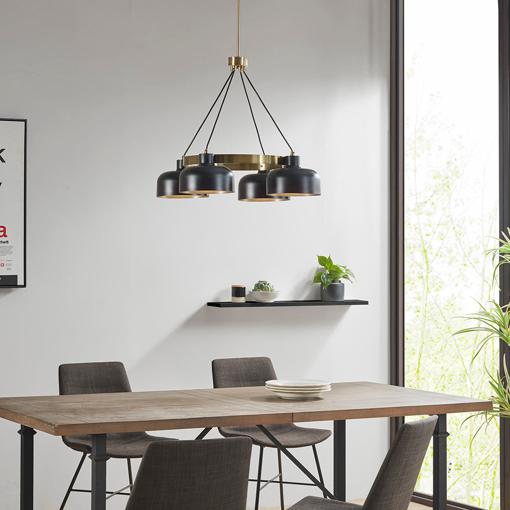 4-Light Mid-Century Chandelier | Black Bowl Shades & Gold Ring — Adjustable Height 26.5"–50.5", Dining Room & Living Room