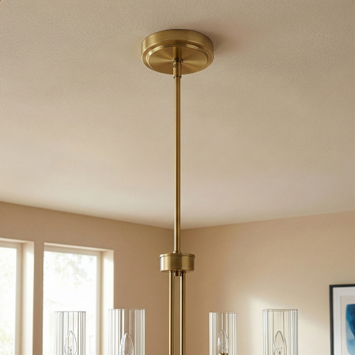 4-Light Pendant Chandelier – Clear Ribbed Glass Shades & Satin Brass Finish | Dining Room & Living Room