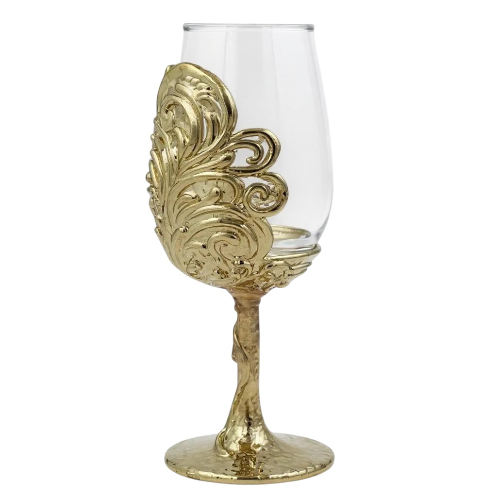 Set of 4 - Intricate Leaf/Ambi Design Wine Glasses | Decorative Drinkware | Statement Barware | Silver, Gold or Antique Finish-0