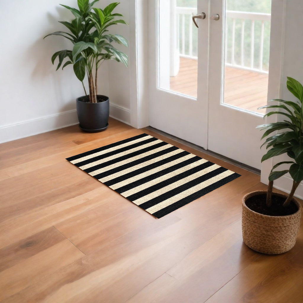 2' X 4' Black and Tan Wide Stripe Washable Floor Mat-0