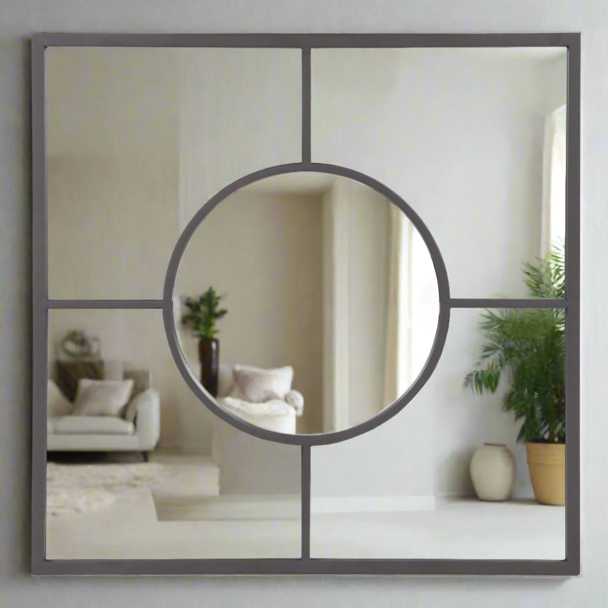 Graphite Geometric Design Square Metal Wall Mirror