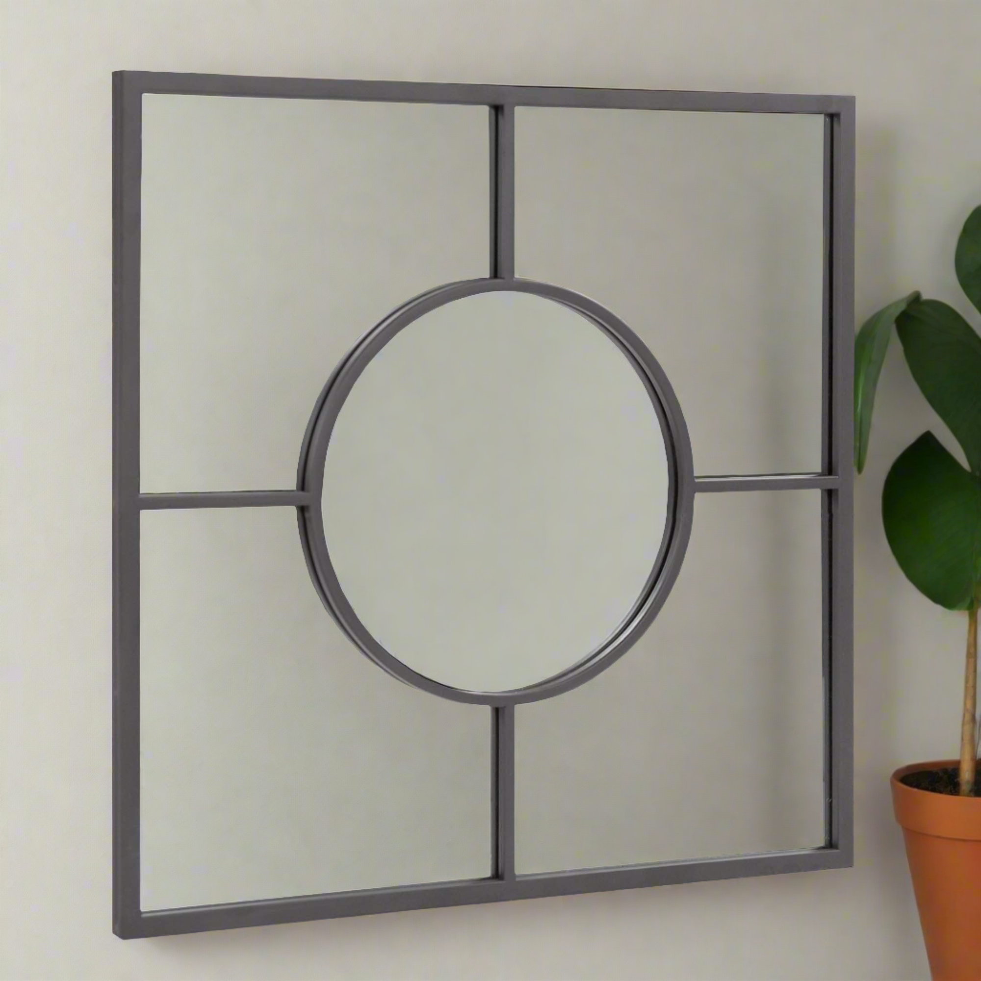 Graphite Geometric Design Square Metal Wall Mirror