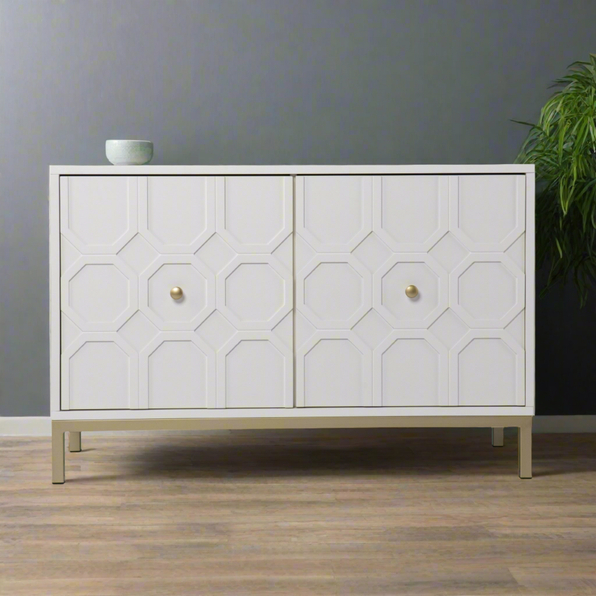 White and Gold Moroccan Dynasty Two Door Accent Cabinet