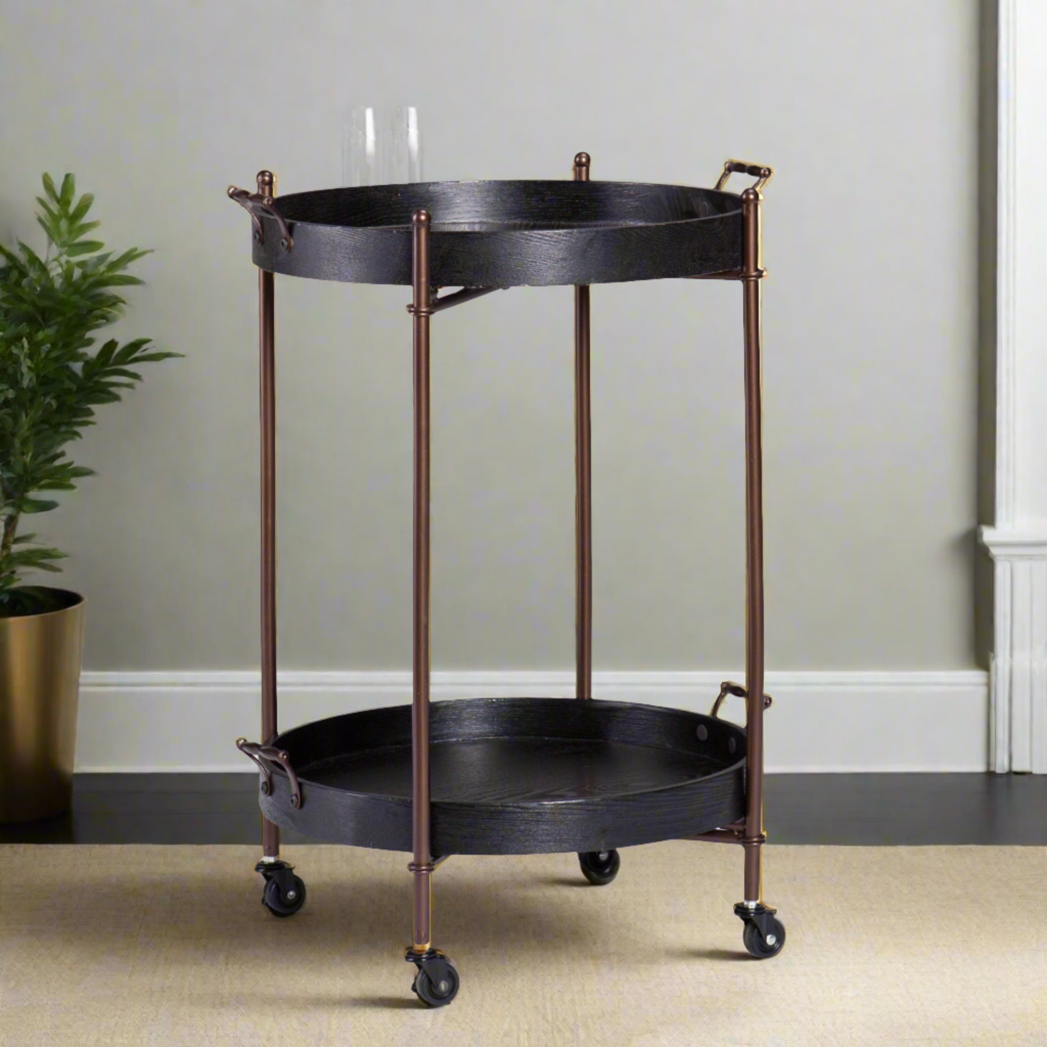 Spyro Black and Bronze Rolling Bar Cart Server - Portable Metal Bar Cart with Wheels for Home and Entertaining