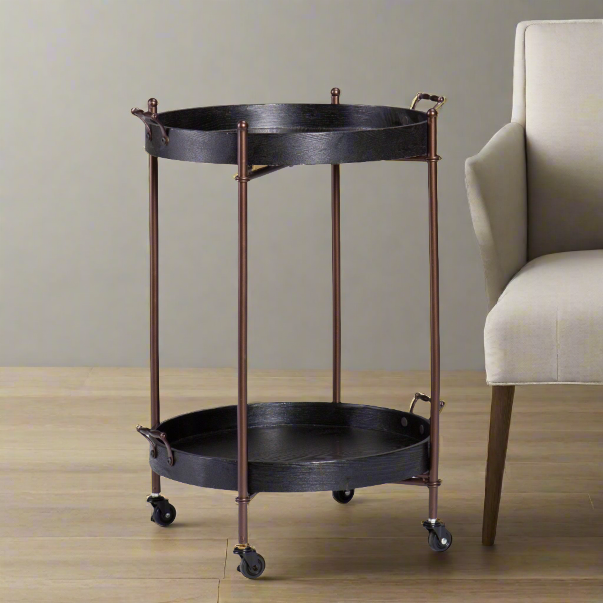 Spyro Black and Bronze Rolling Bar Cart Server - Portable Metal Bar Cart with Wheels for Home and Entertaining