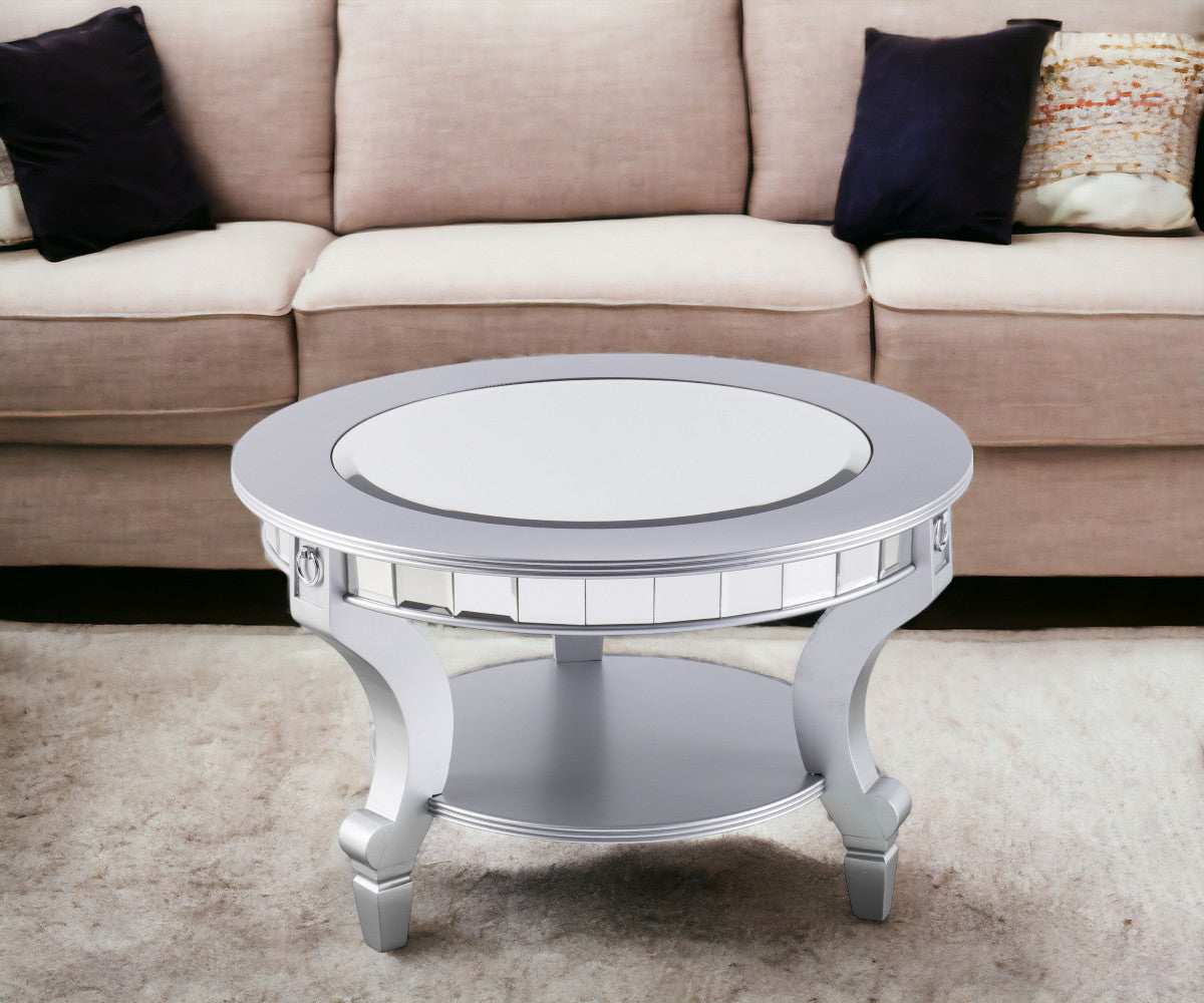 29" Silver Mirrored And Metal Round Mirrored Coffee Table-1