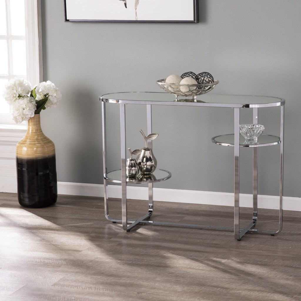 42" Clear and Silver Mirrored Glass Oval Frame Console Table With Storage-6