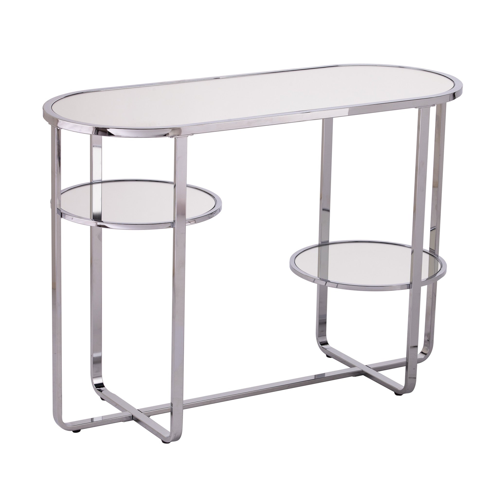 42" Clear and Silver Mirrored Glass Oval Frame Console Table With Storage-0