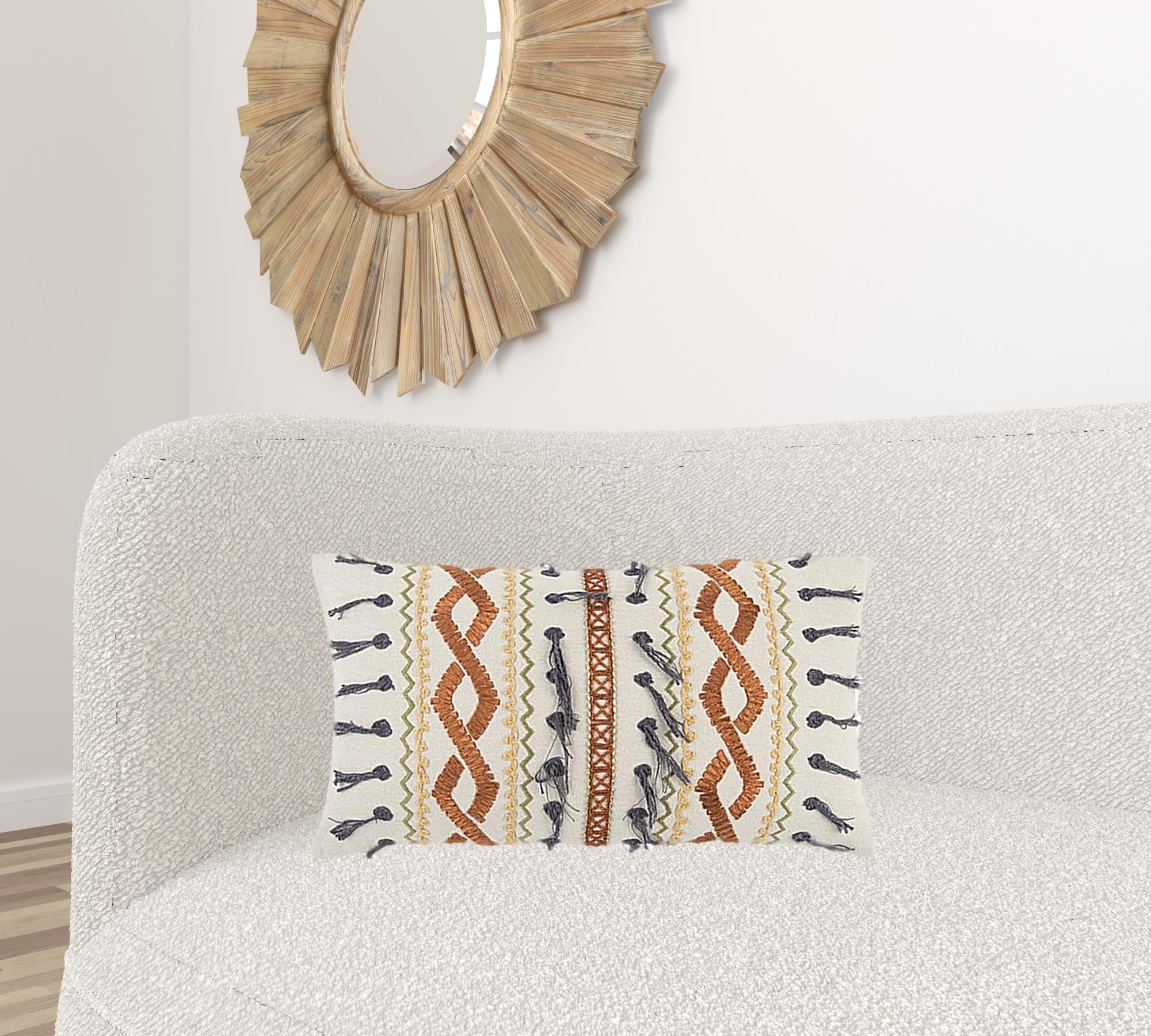 Rust Gray Ribbon Embroidered Lumbar Pillow-1