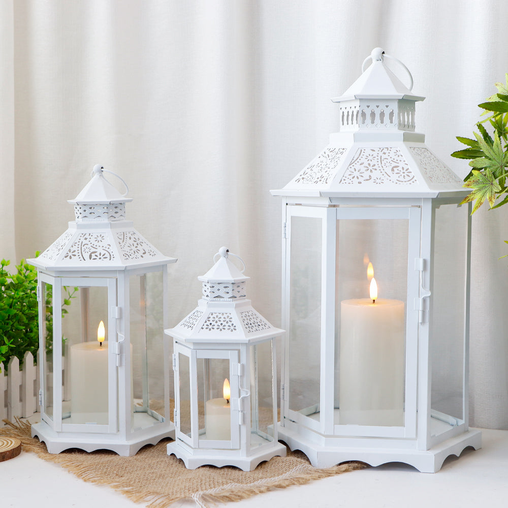 Set of 3 White Hexagonal Decorative Hanging Lantern 18'' High-4