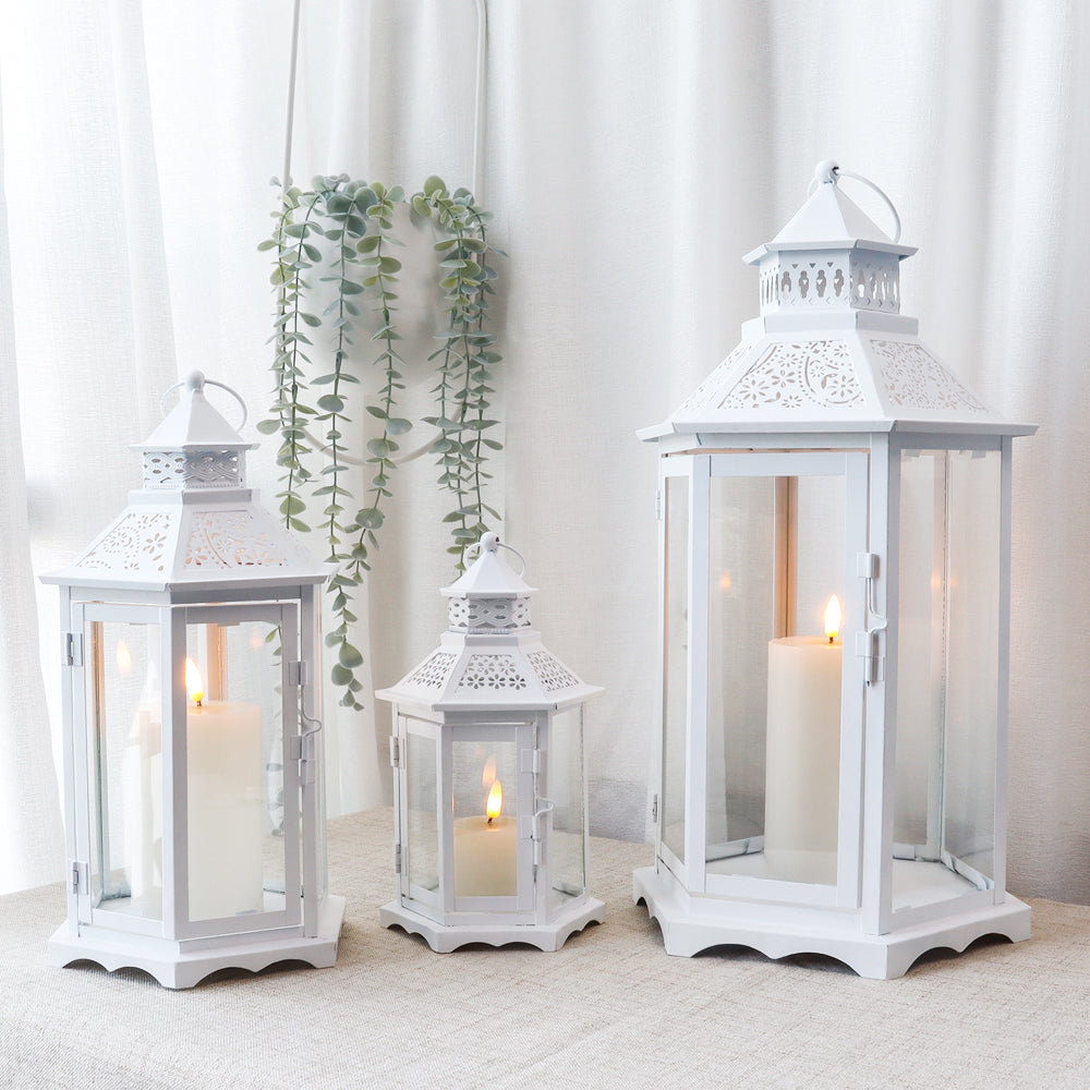 Set of 3 White Hexagonal Decorative Hanging Lantern 18'' High-3