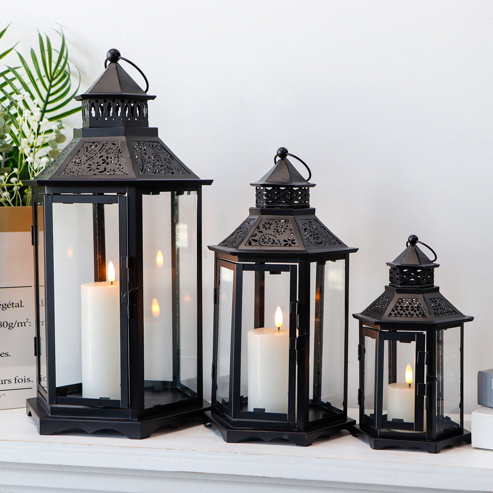 Set of 3 Black Hexagonal Decorative Hanging Lantern 18'' High-0