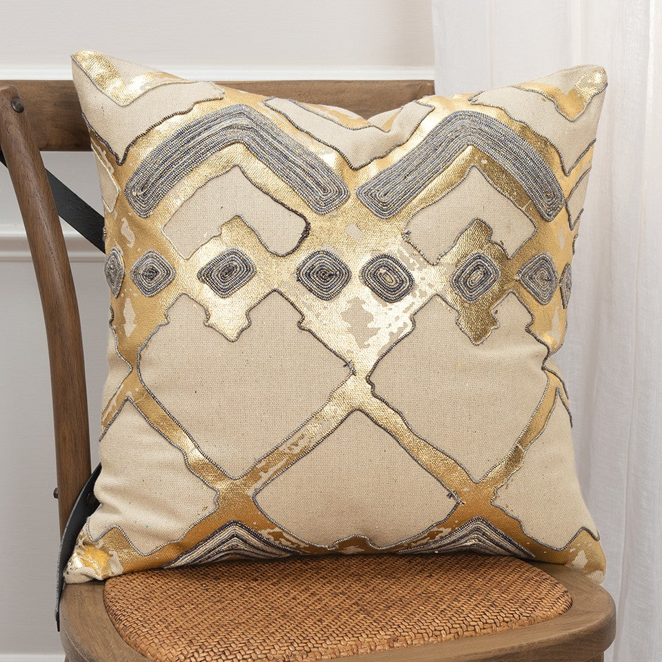 Beige Gold Foil Distressed Modern Throw Pillow-2