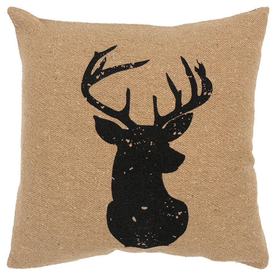 Tan Black Distressed Reindeer Throw Pillow-0