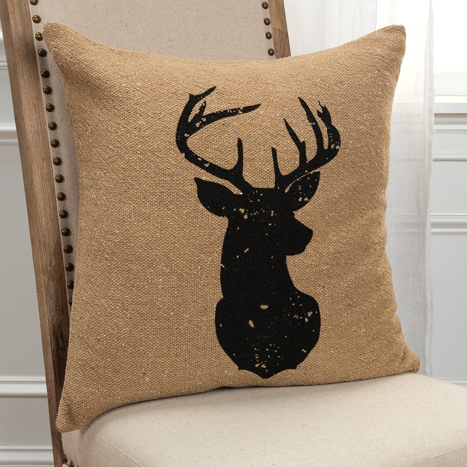 Tan Black Distressed Reindeer Throw Pillow-5