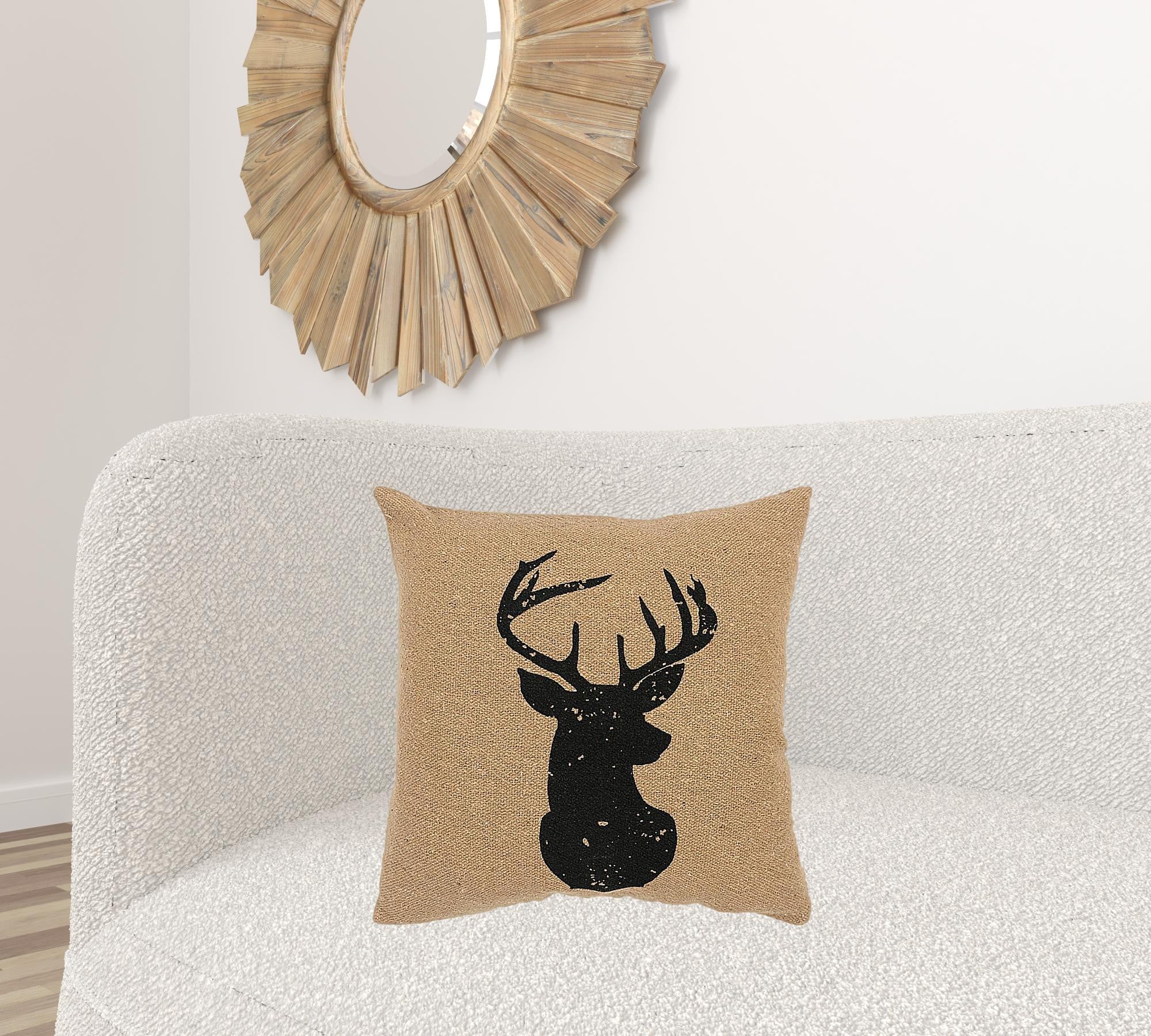 Tan Black Distressed Reindeer Throw Pillow-1