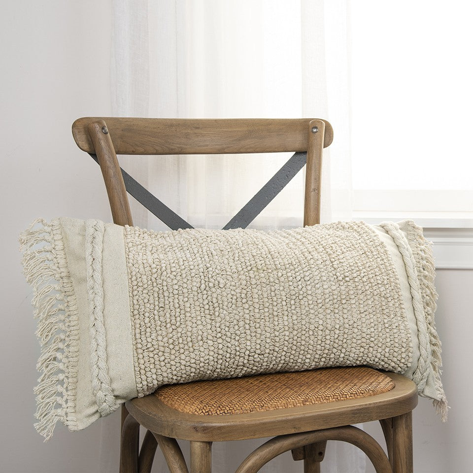 Ivory Braided Stripe Macrame Fringe Lumbar Pillow-3