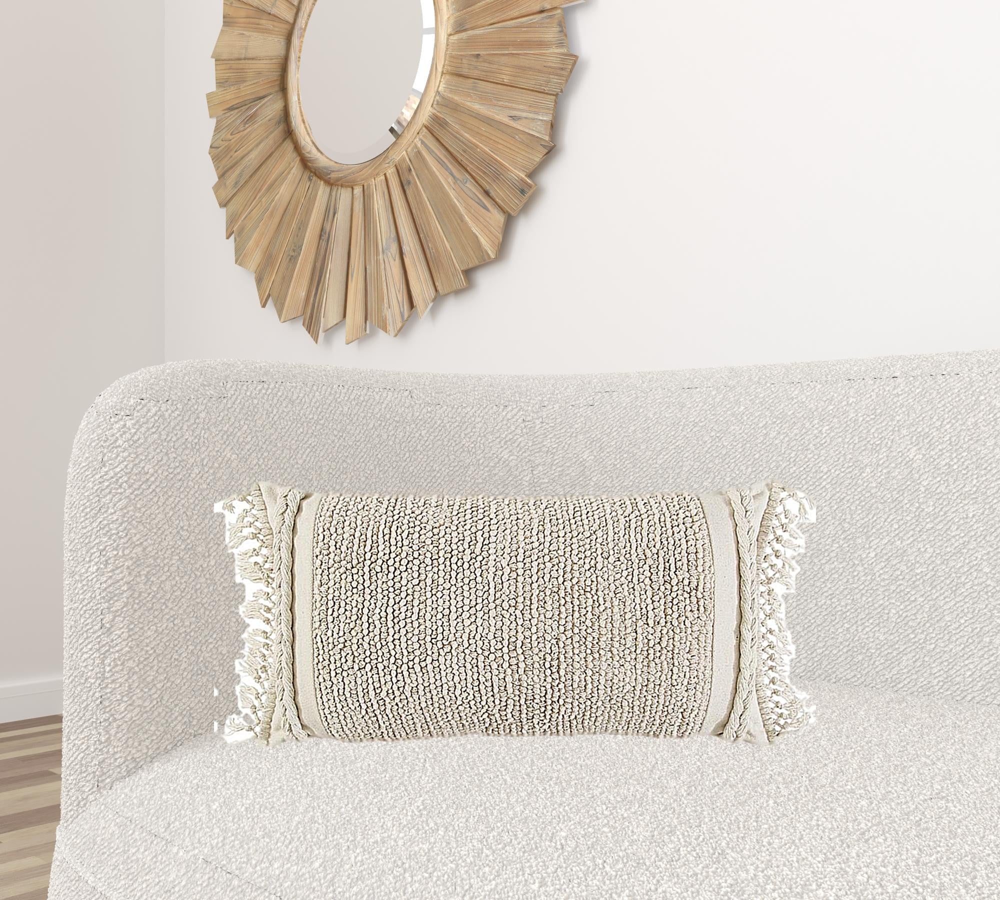 Ivory Braided Stripe Macrame Fringe Lumbar Pillow-1