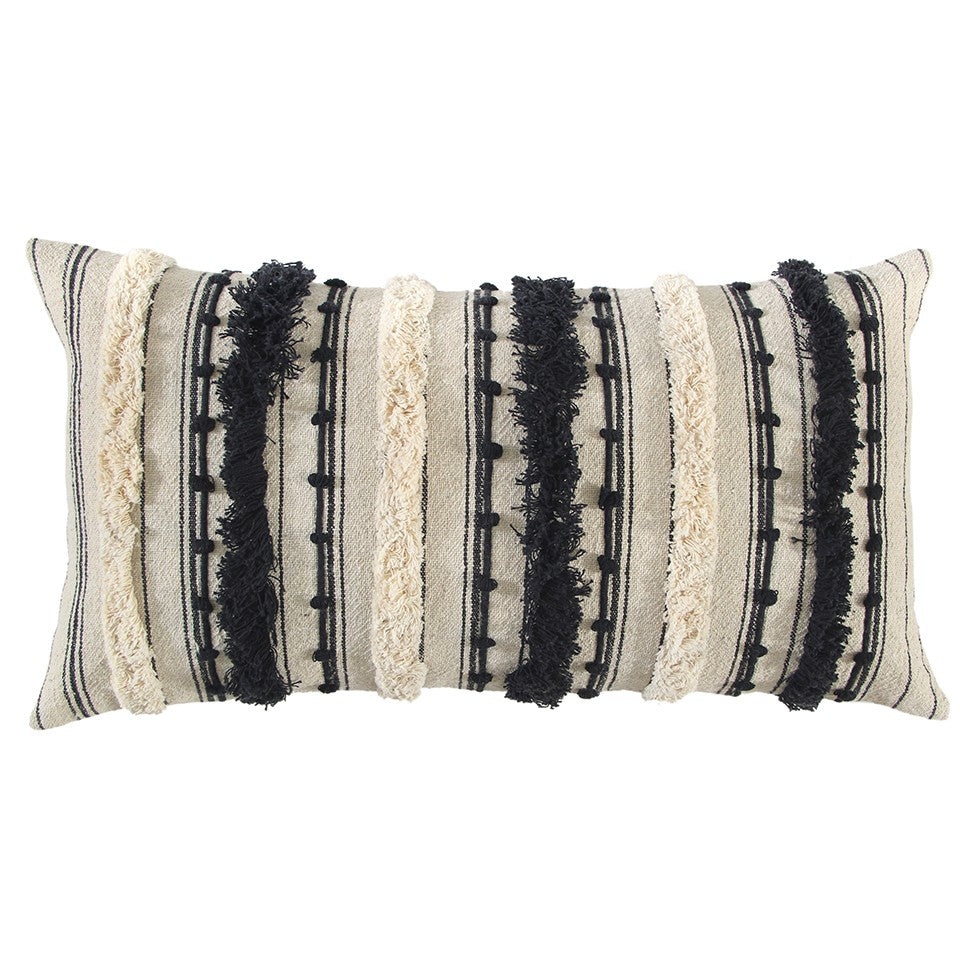 Beige Black Eyelash Fringe Textured Lumbar Pillow-0