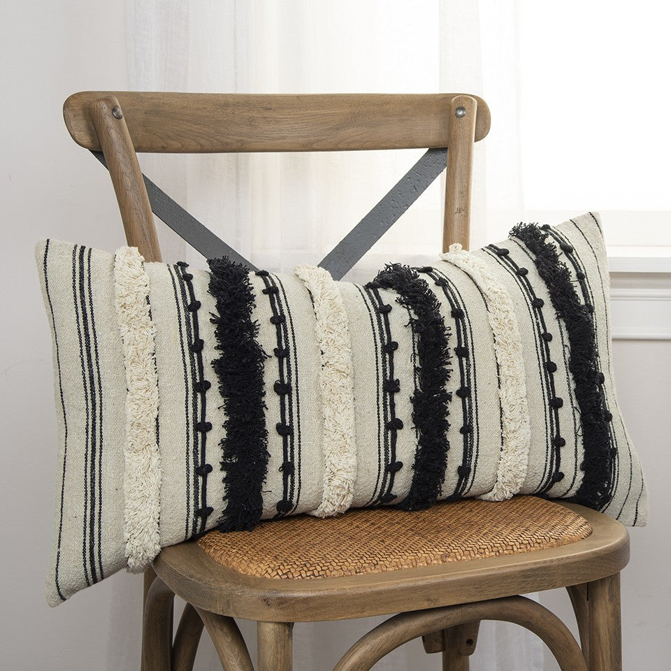 Beige Black Eyelash Fringe Textured Lumbar Pillow-3