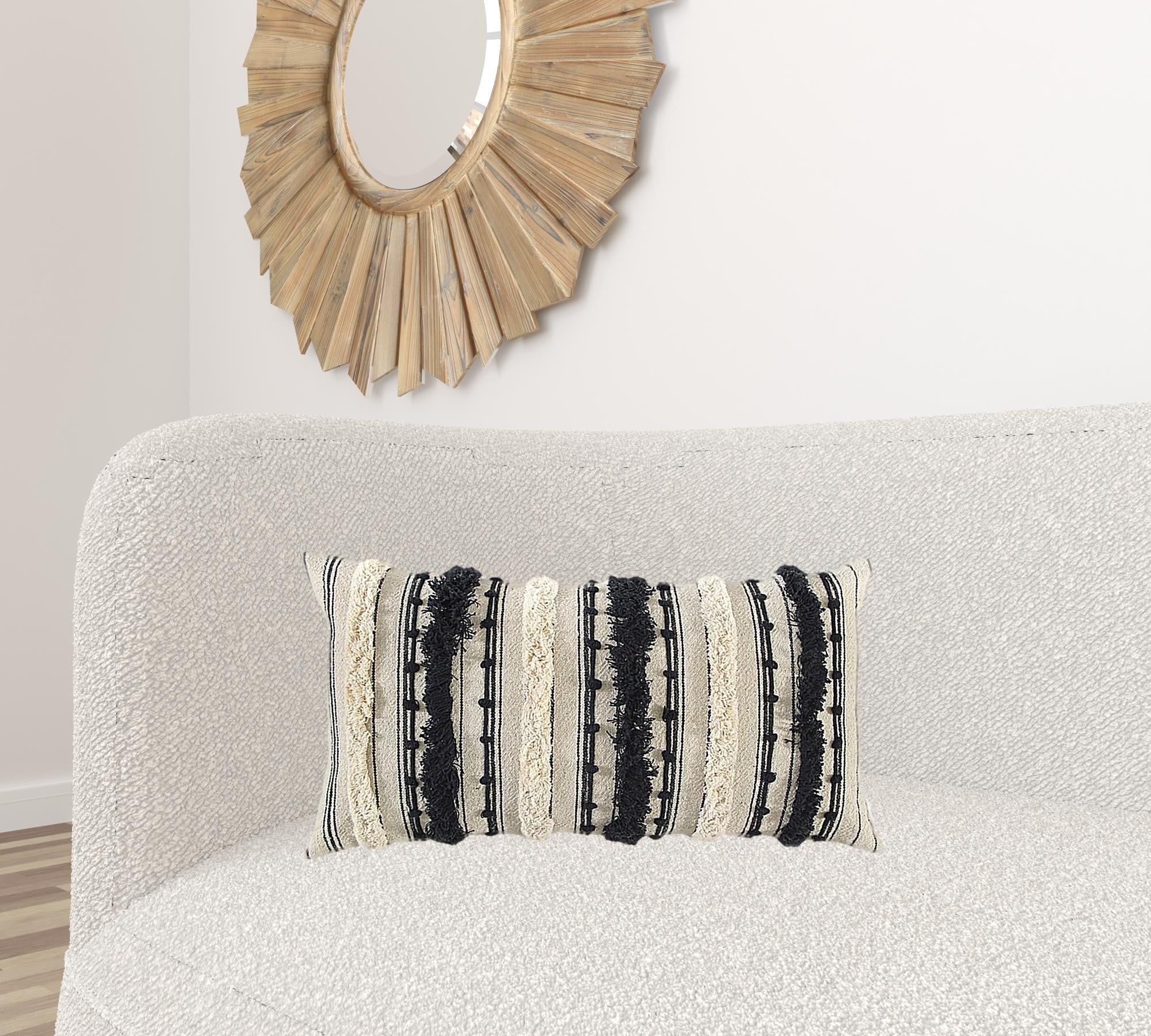 Beige Black Eyelash Fringe Textured Lumbar Pillow-1