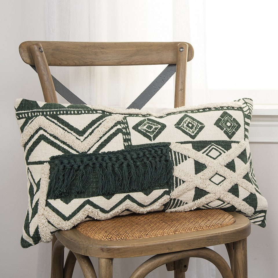 Ivory Green Geometric Boho Chic Lumbar Pillow-4