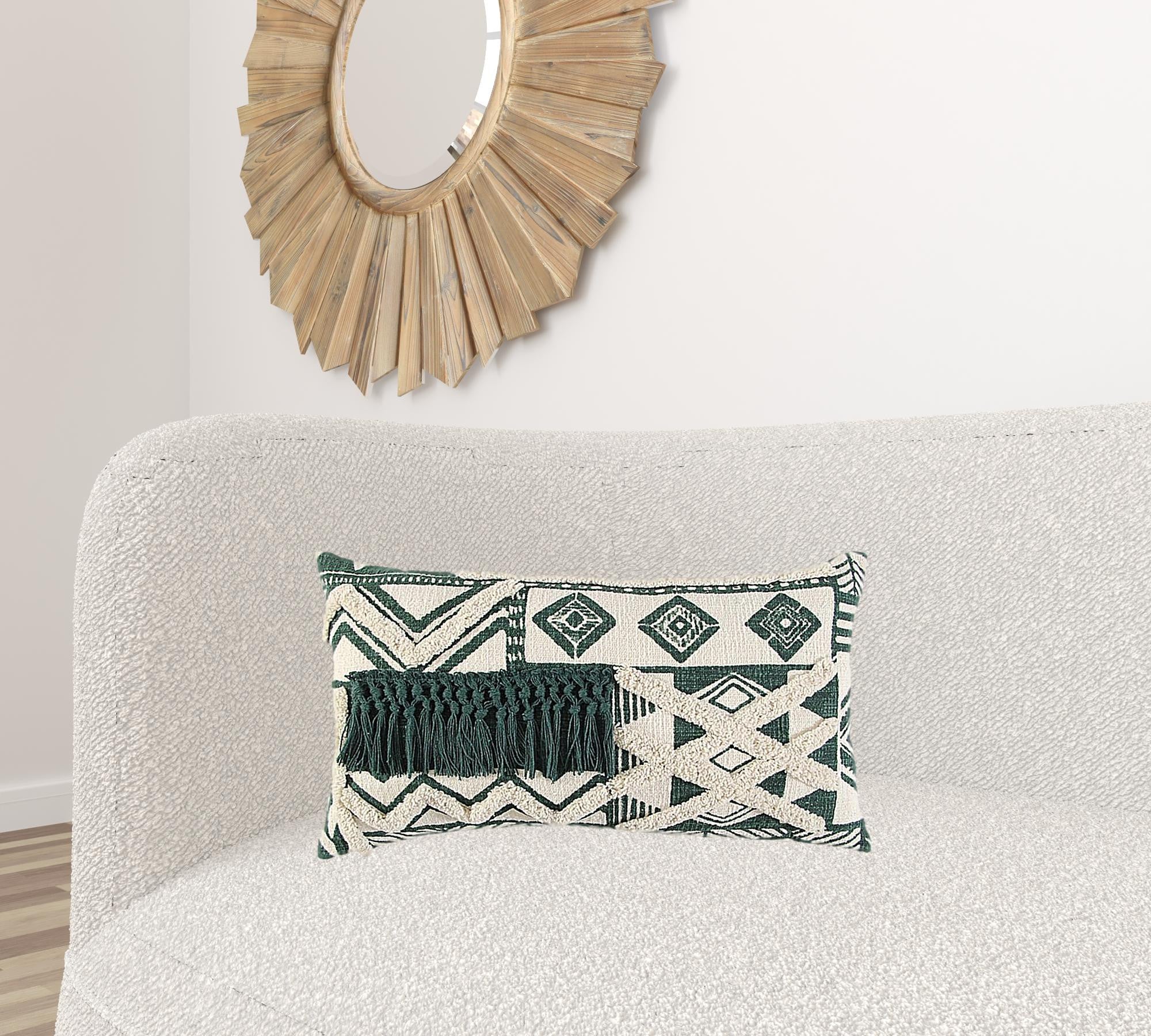 Ivory Green Geometric Boho Chic Lumbar Pillow-1