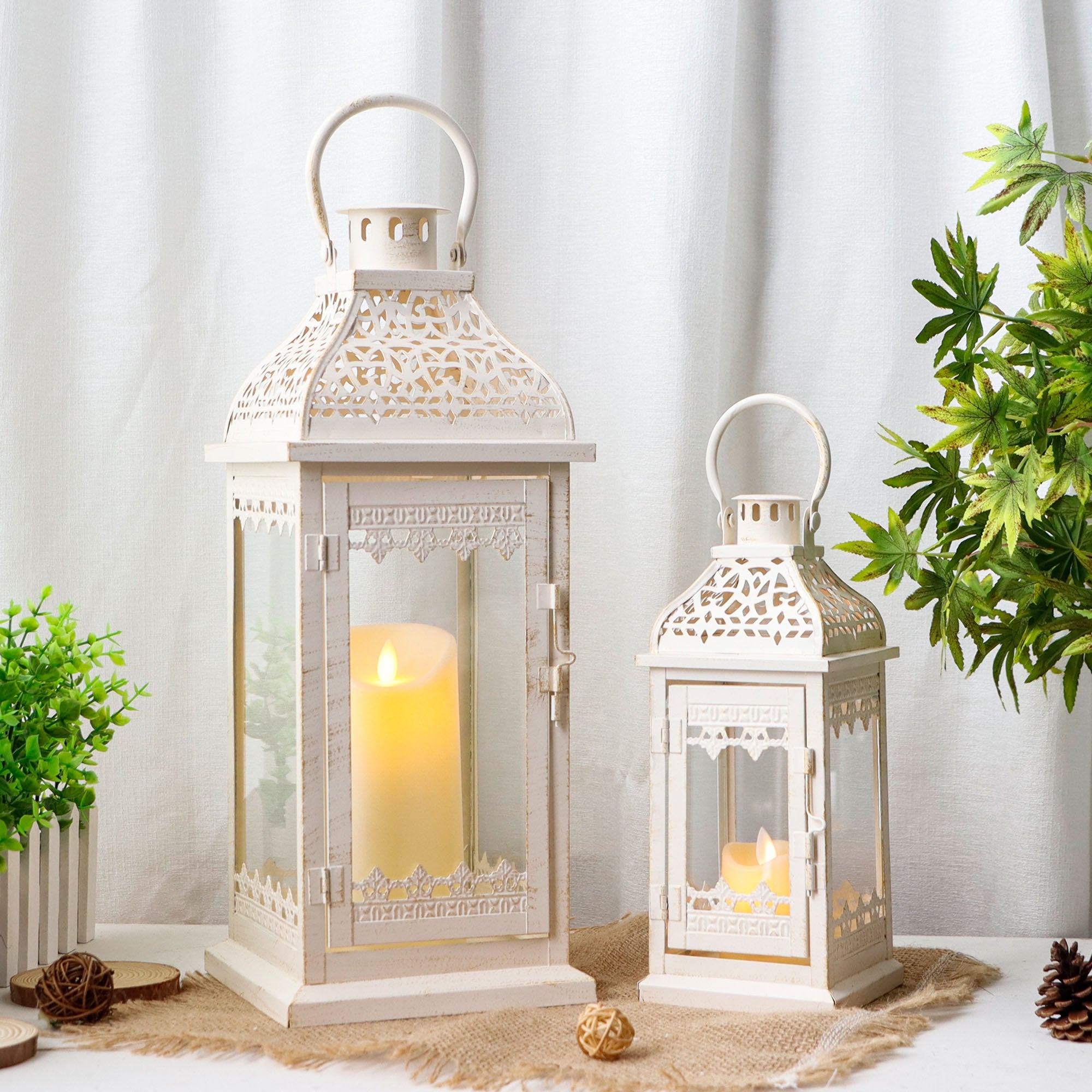 JHY DESIGN Set of 2 13''&19.5''H Decorative Candle Lanterns (Beige with Gold Brush)-0
