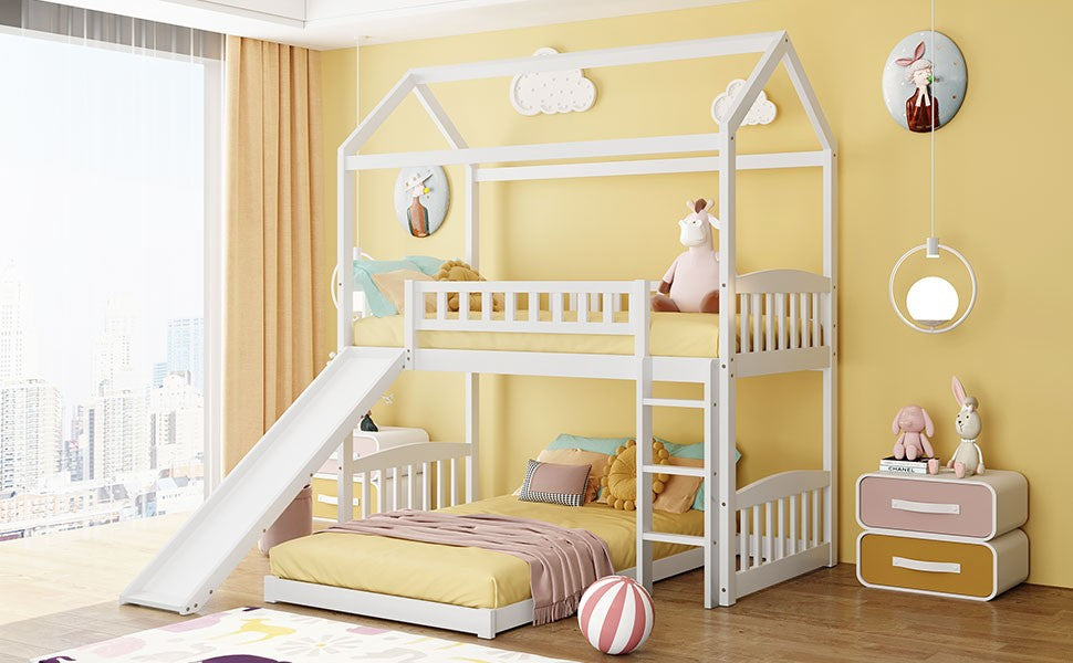 White Playhouse Frame Full Over Full Perpendicular Bunk Bed with Slide-7