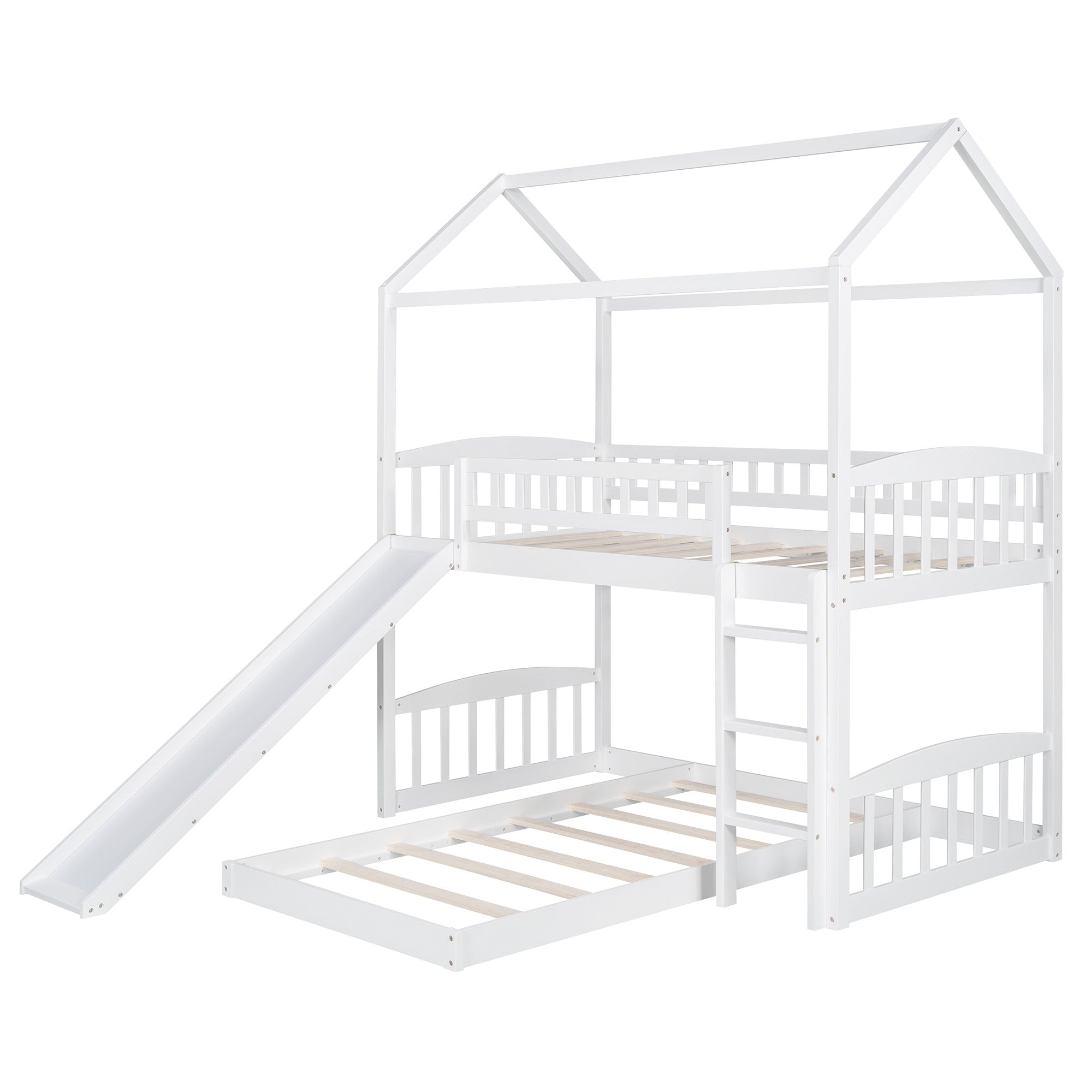 White Playhouse Frame Full Over Full Perpendicular Bunk Bed with Slide-0